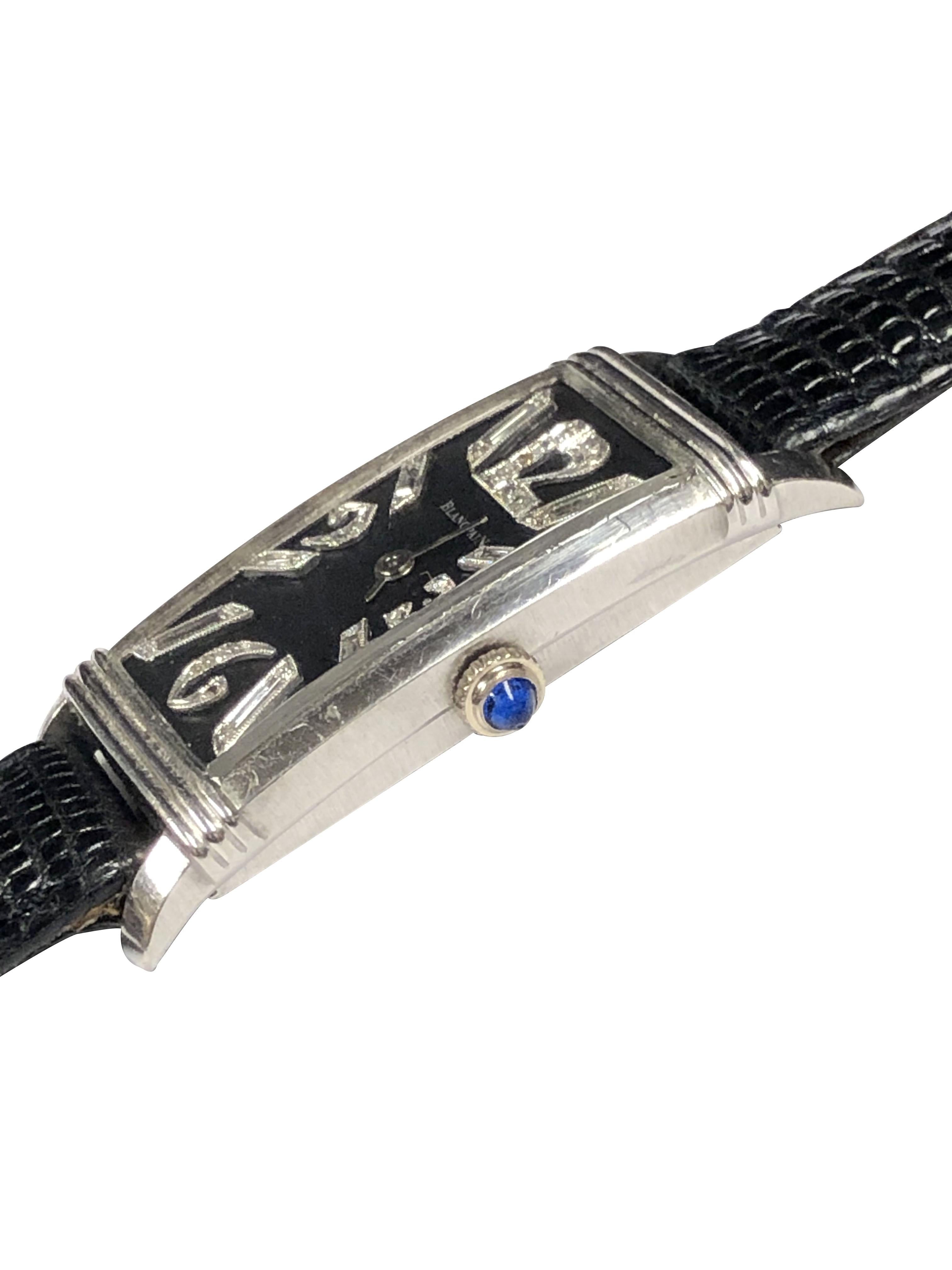 Circa 1930s Blancpain Wrist Watch, 44 M.M. ( including lugs ) X 19 M.M. Platinum 2 piece Ribbed top case, 17 Jewel Mechanical, Manual wind, Nickle Lever movement, Sapphire set crown. Black Dial with Raised Platinum and Diamond set numerals and