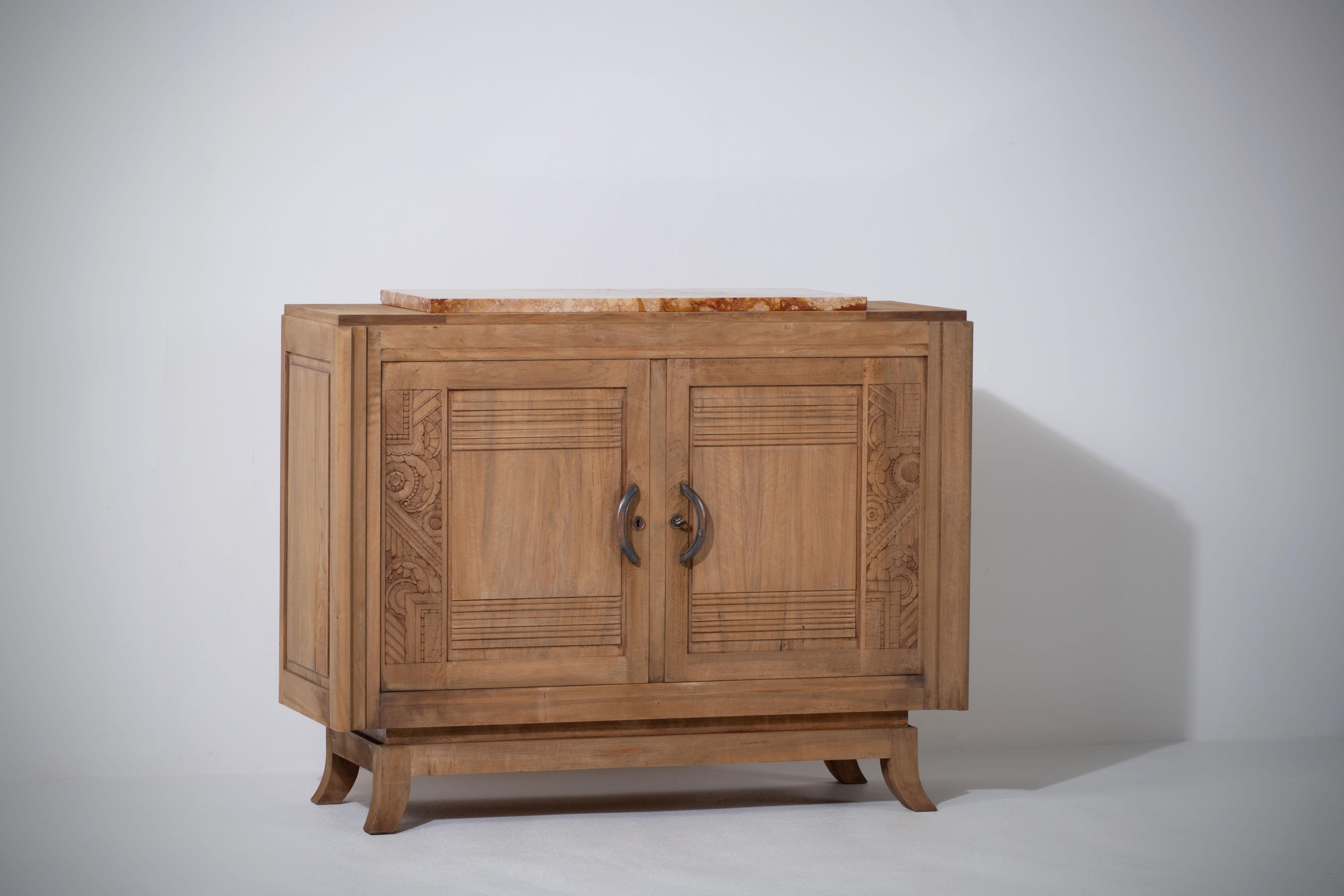 French Art Deco Bleached Solid Oak Credenza, 1940s For Sale