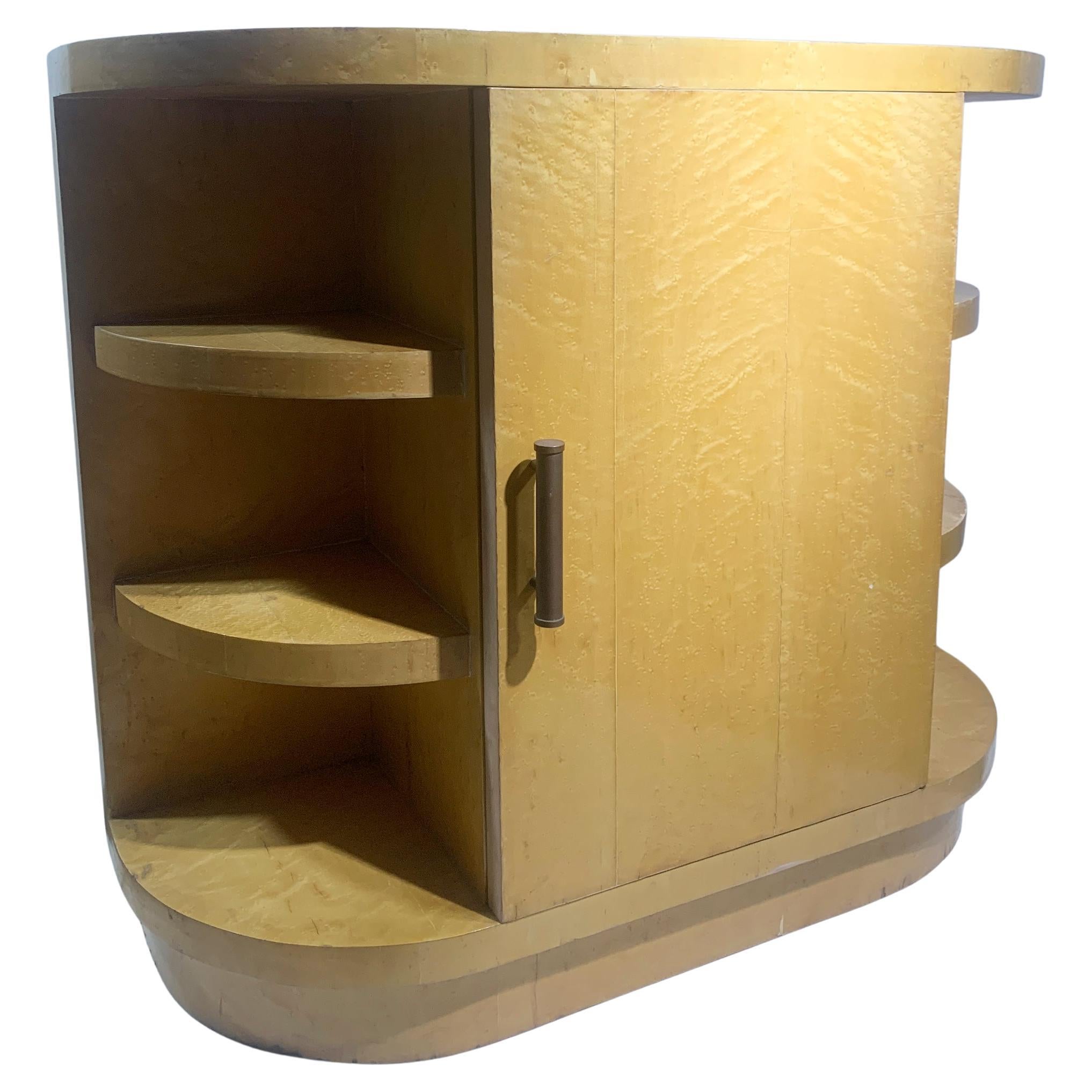 Art Deco Blonde Bird's Eye Maple Sideboard with Curved Open Shelving, circa 1940 For Sale