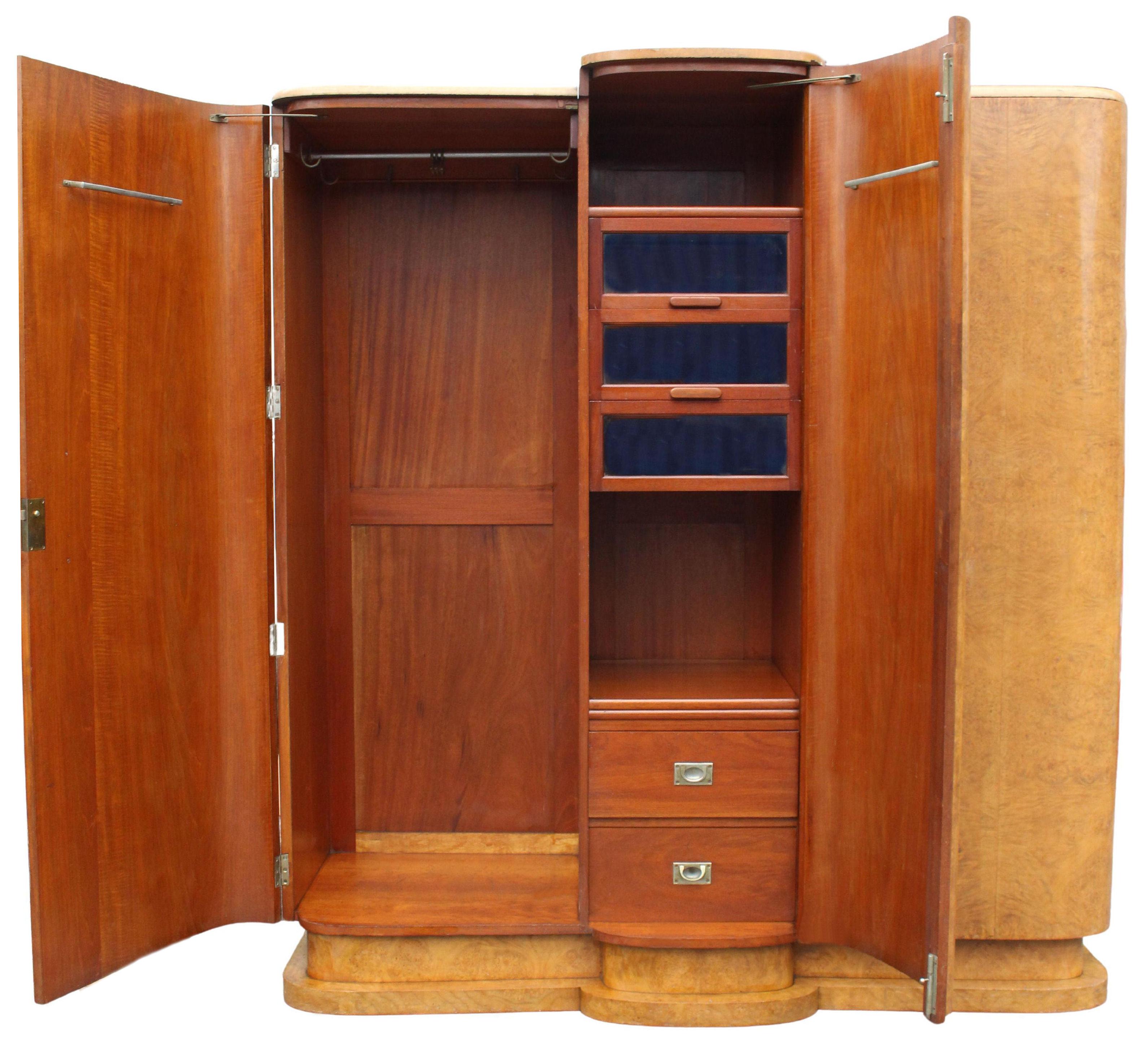 Art Deco Blonde Burr Maple Triple Three Door Wardrobe, English, c1930 7