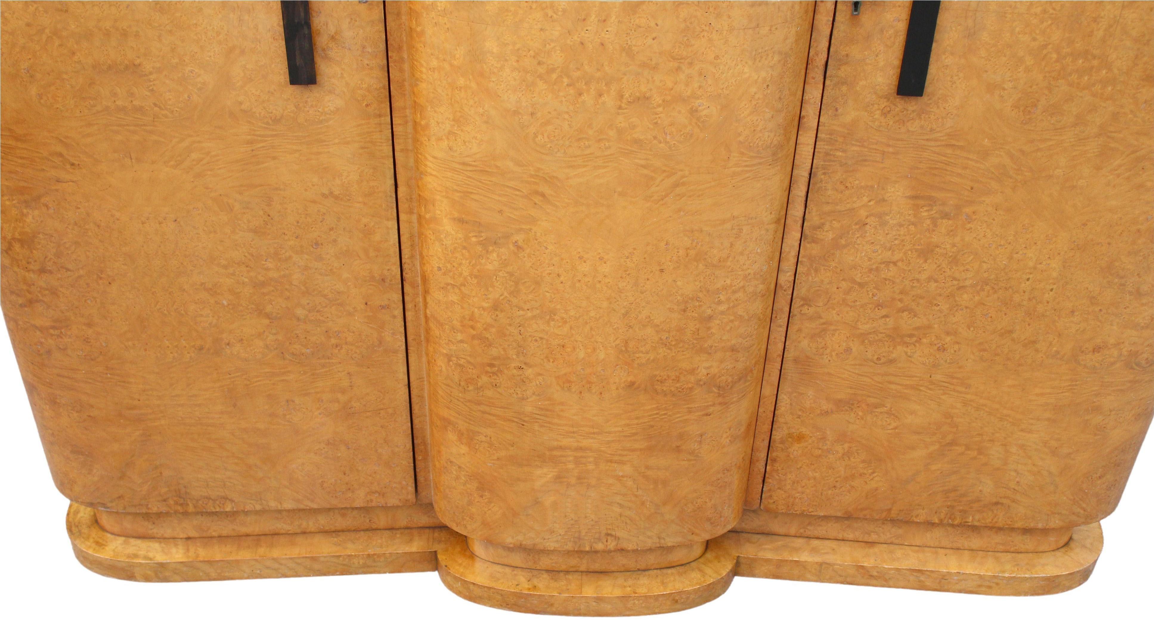 Art Deco Blonde Burr Maple Triple Three Door Wardrobe, English, c1930 8