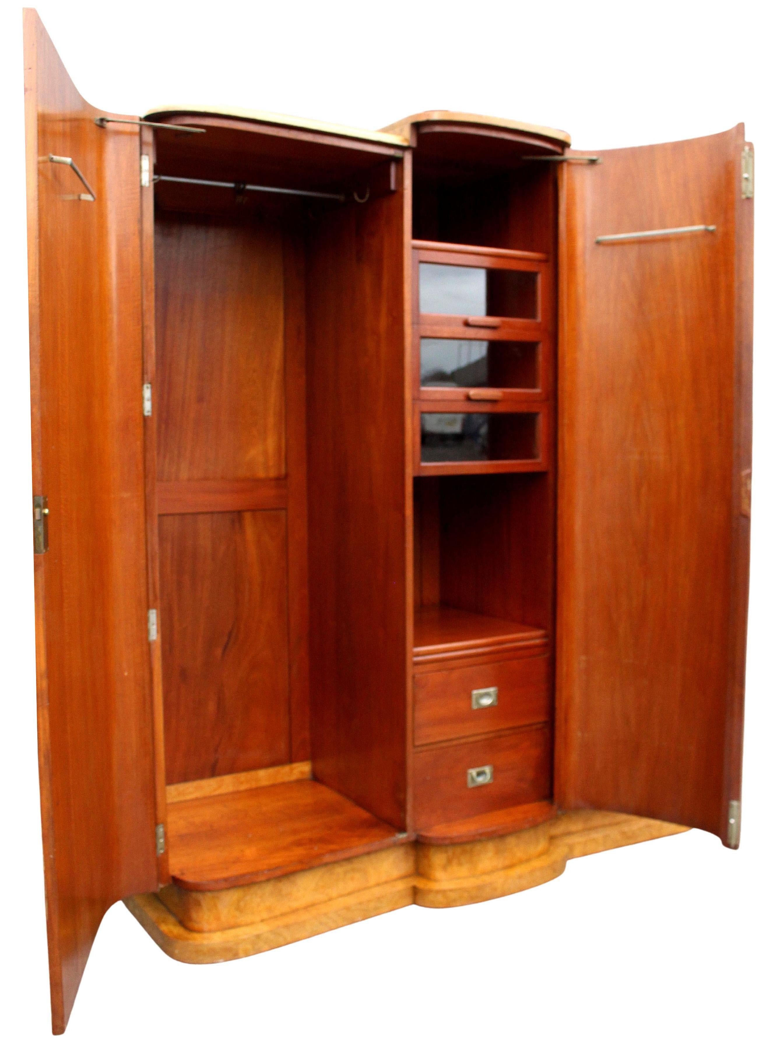 Art Deco Blonde Burr Maple Triple Three Door Wardrobe, English, c1930 9