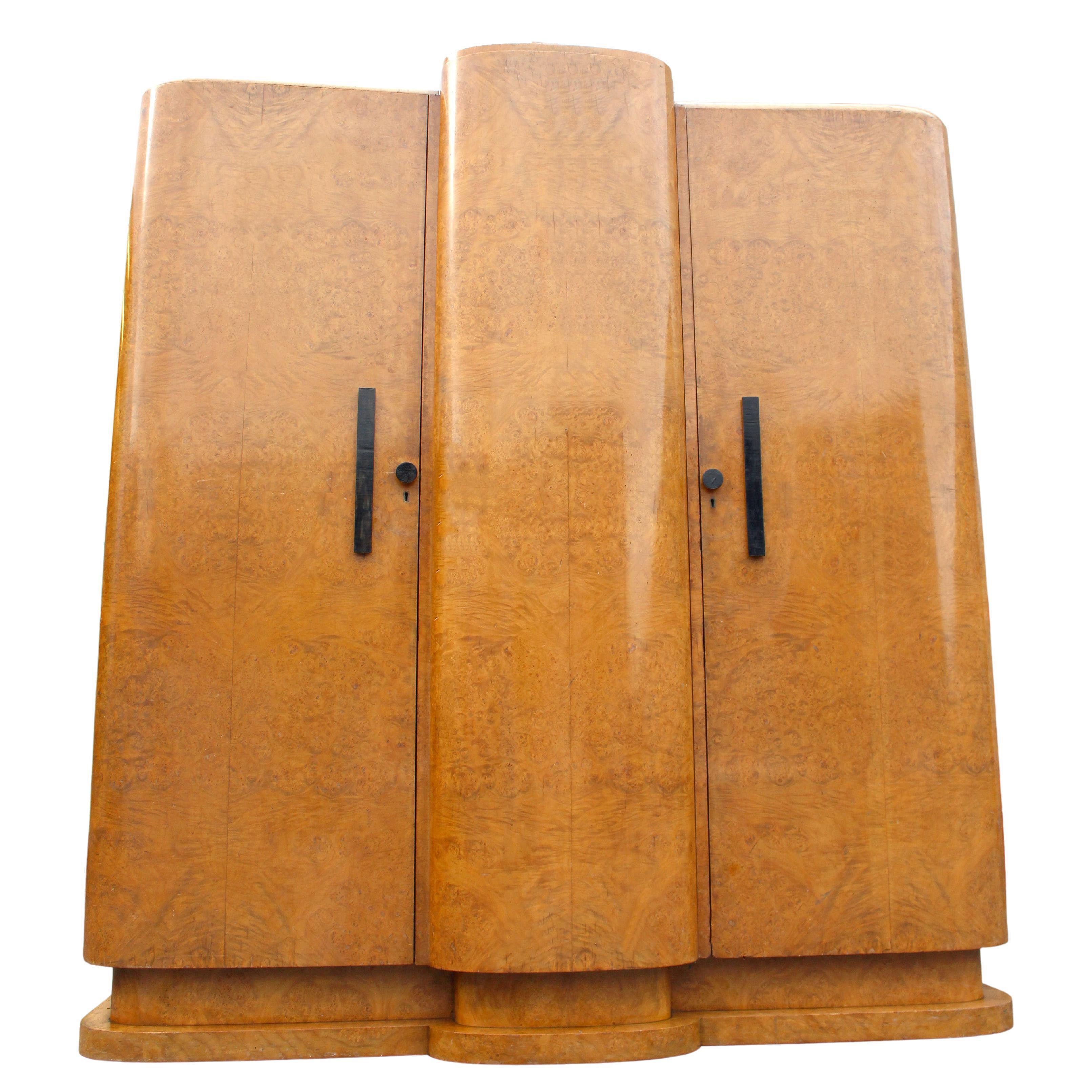 Art Deco Blonde Burr Maple Triple Three Door Wardrobe, English, c1930 10