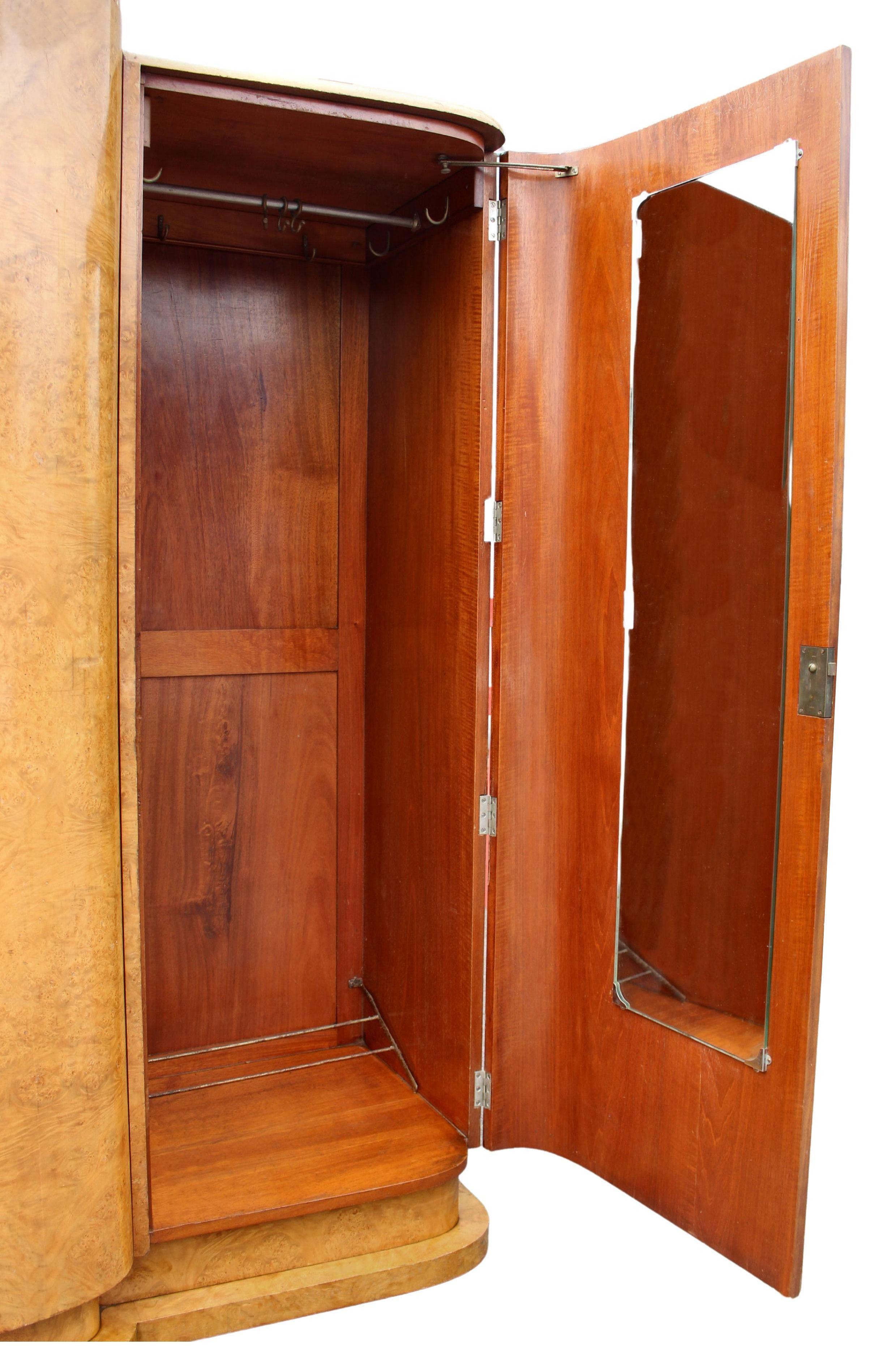 Art Deco Blonde Burr Maple Triple Three Door Wardrobe, English, c1930 11