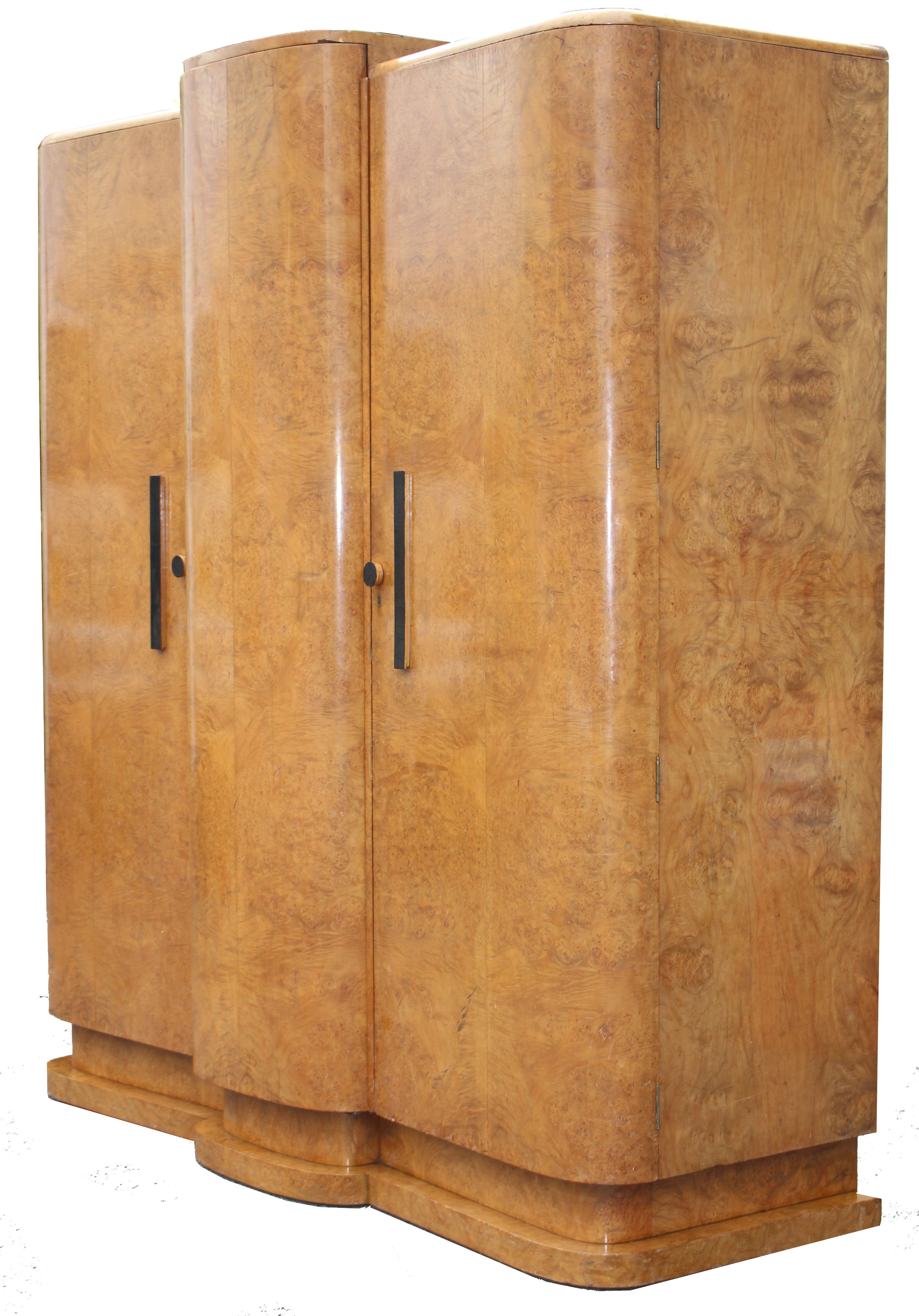 Art Deco Blonde Burr Maple Triple Three Door Wardrobe, English, c1930 3