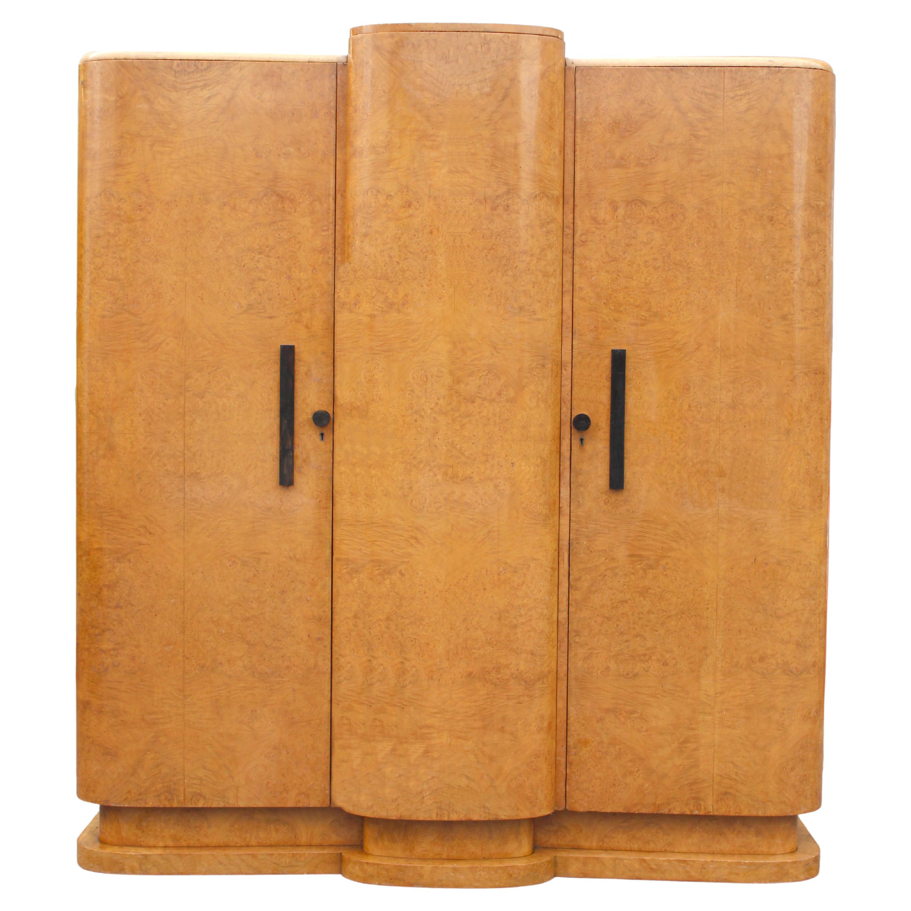 Art Deco Blonde Burr Maple Triple Three Door Wardrobe, English, c1930