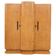 Art Deco Blonde Burr Maple Triple Three Door Wardrobe, English, c1930