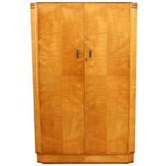 Art Deco Blonde Tiger Grain Birch Gents Wardrobe, England, circa 1930