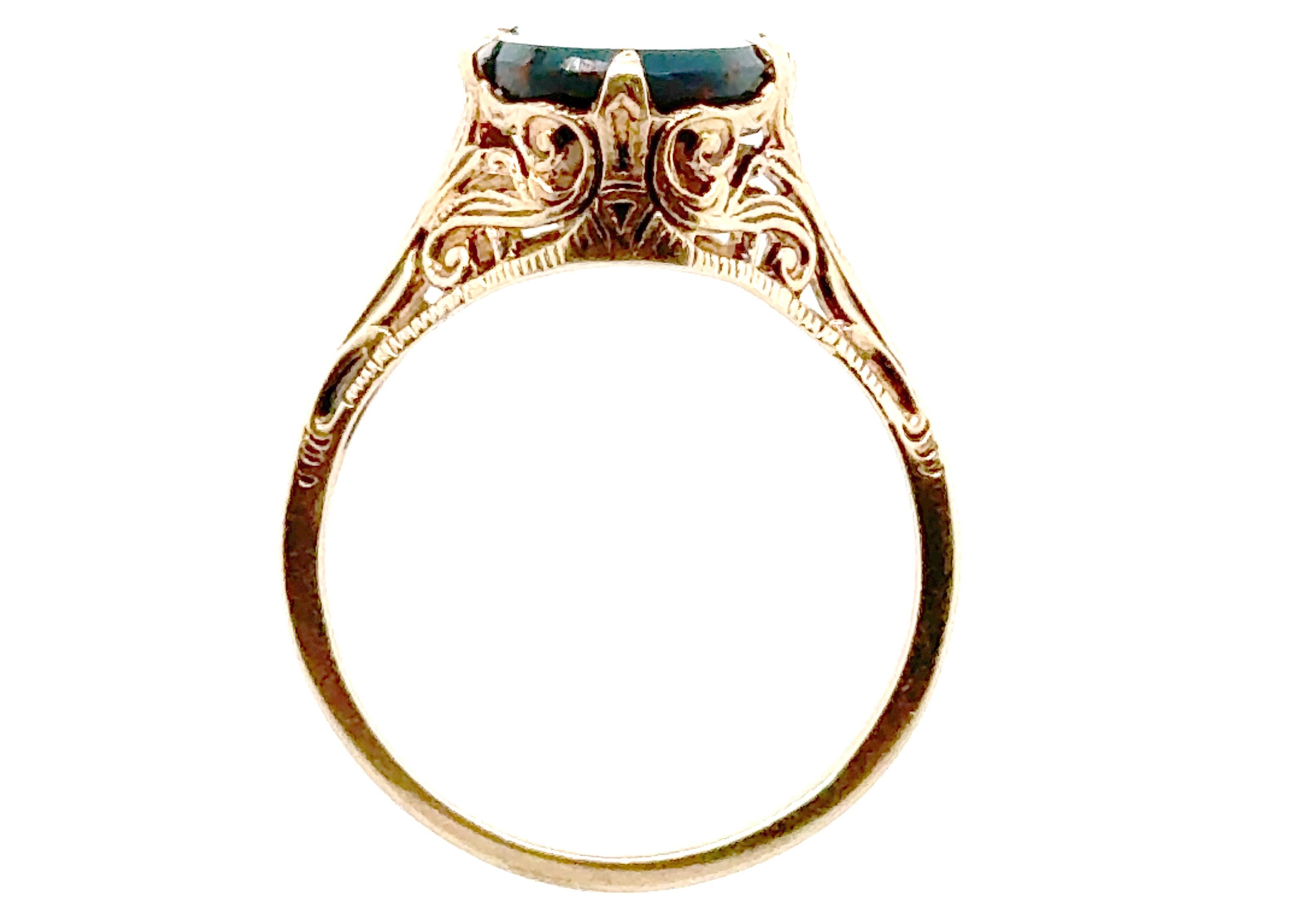 Art Deco Blutstein-Cocktailring, gravierter 14K Original 1920er-1930er Jahre Damen