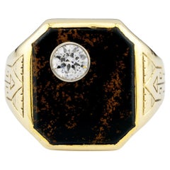 Antique Art Deco Bloodstone & Diamond Mens Ring in 14 Karat Gold