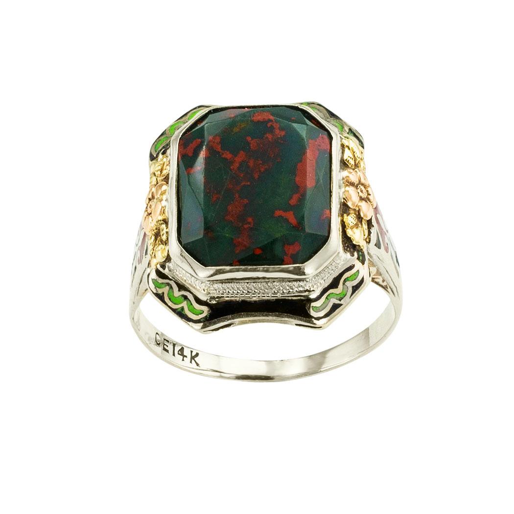 Art Deco bloodstone enamel and tricolor gold ring circa 1930. *

ABOUT THIS ITEM:  #R-DJ914D. Scroll down for specifications.  It must be carefully examined to appreciate and enjoy all the details in this design.  It is Art Deco to the max. 