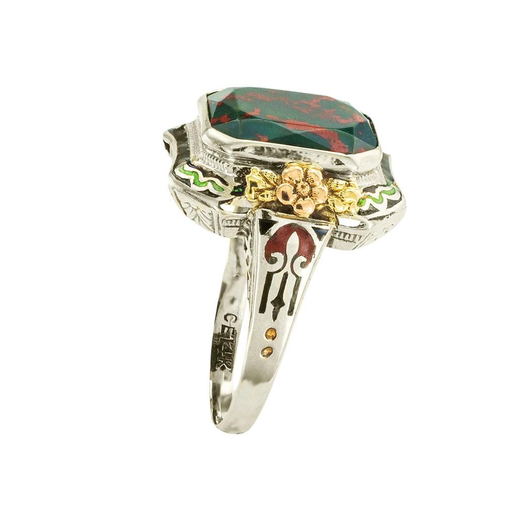 Art Deco Bloodstone Enamel Tricolor Gold Ring In Good Condition In Los Angeles, CA