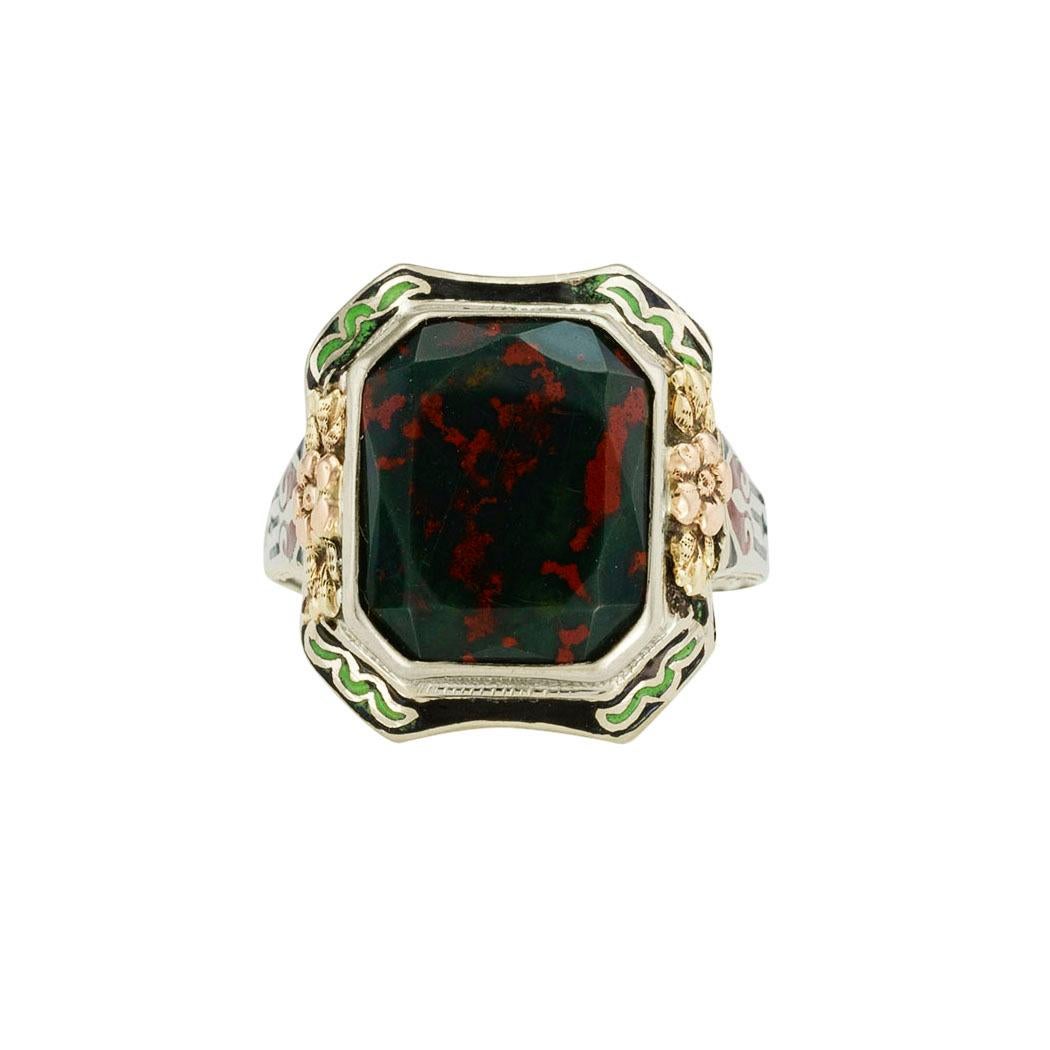 Women's or Men's Art Deco Bloodstone Enamel Tricolor Gold Ring
