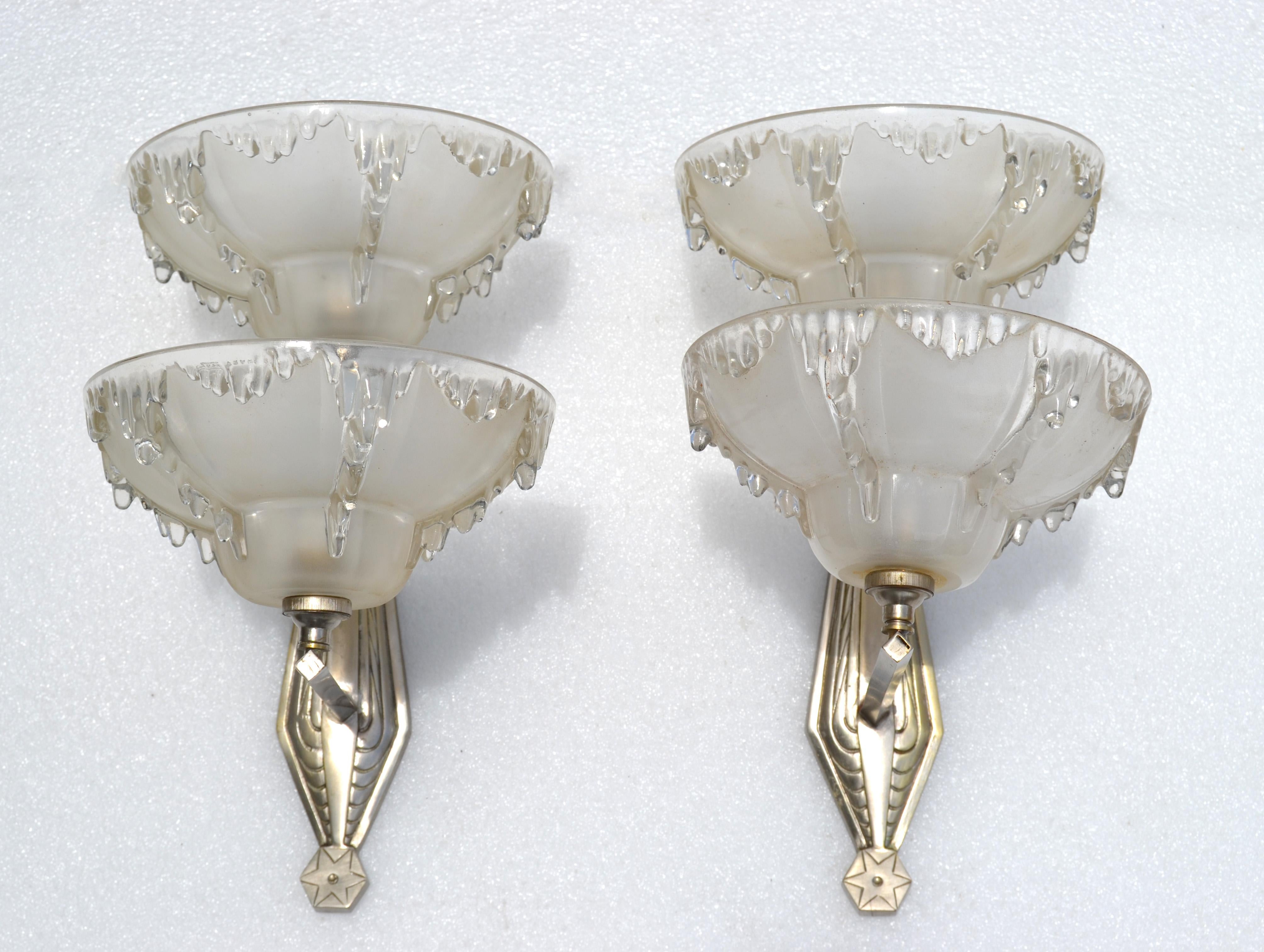 Art Deco Blown Murano Glass & Steel Wall Sconces France Mid-Century Modern, Pair For Sale 10