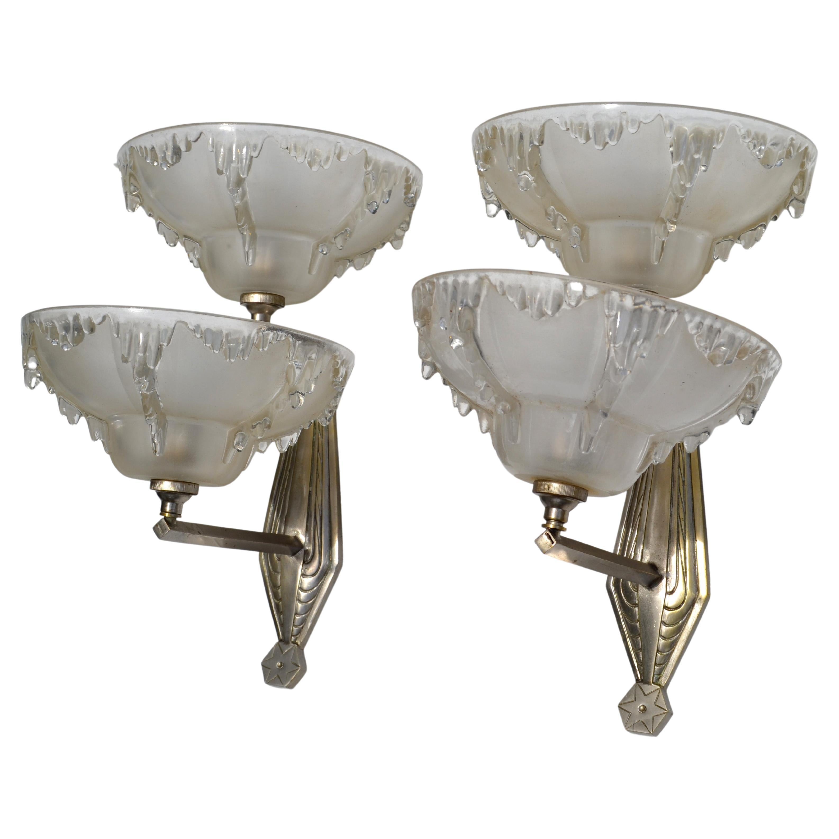 French Art Deco Blown Murano Glass & Steel Wall Sconces France Mid-Century Modern, Pair For Sale