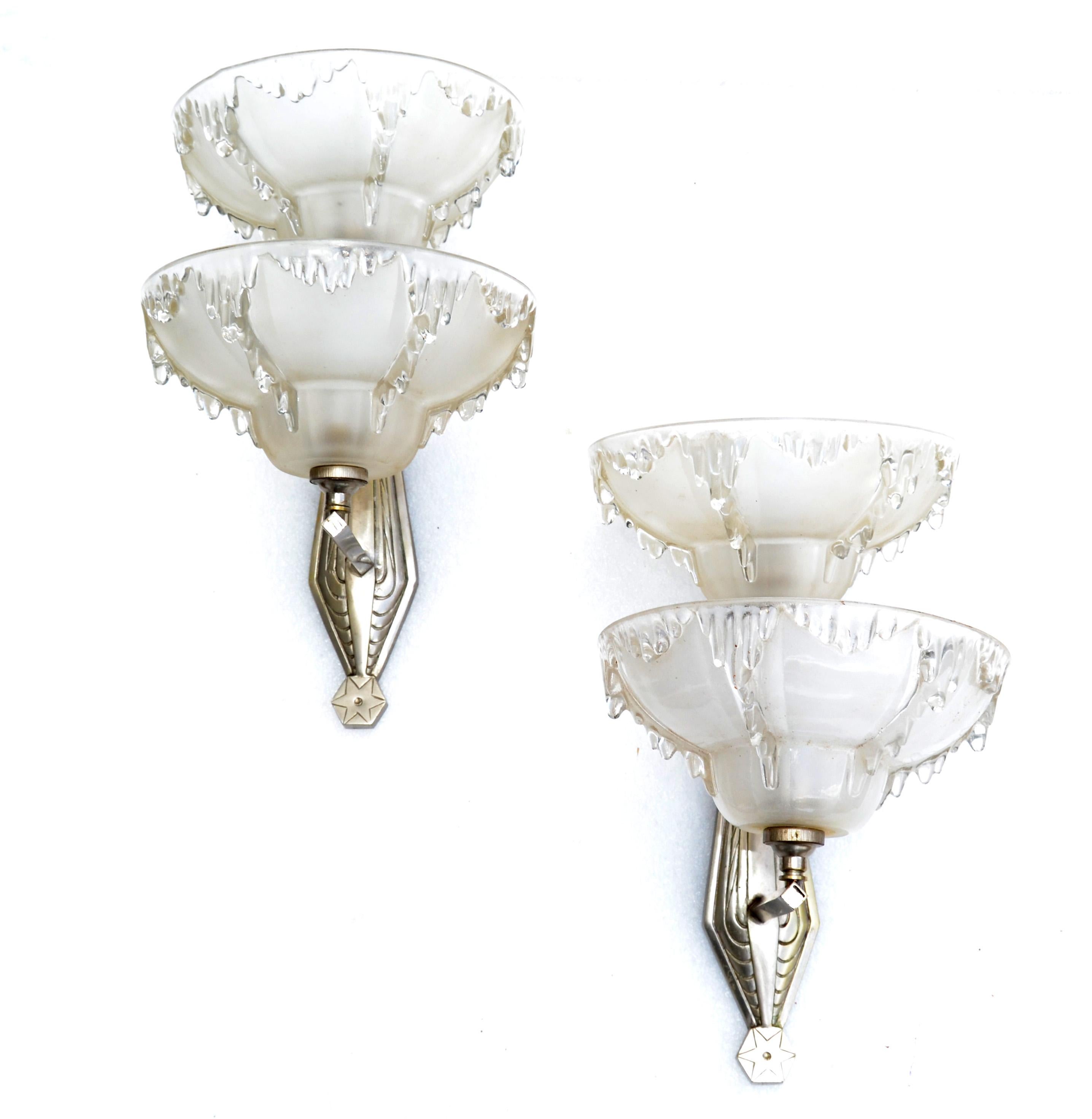 Hand-Crafted Art Deco Blown Murano Glass & Steel Wall Sconces France Mid-Century Modern, Pair For Sale