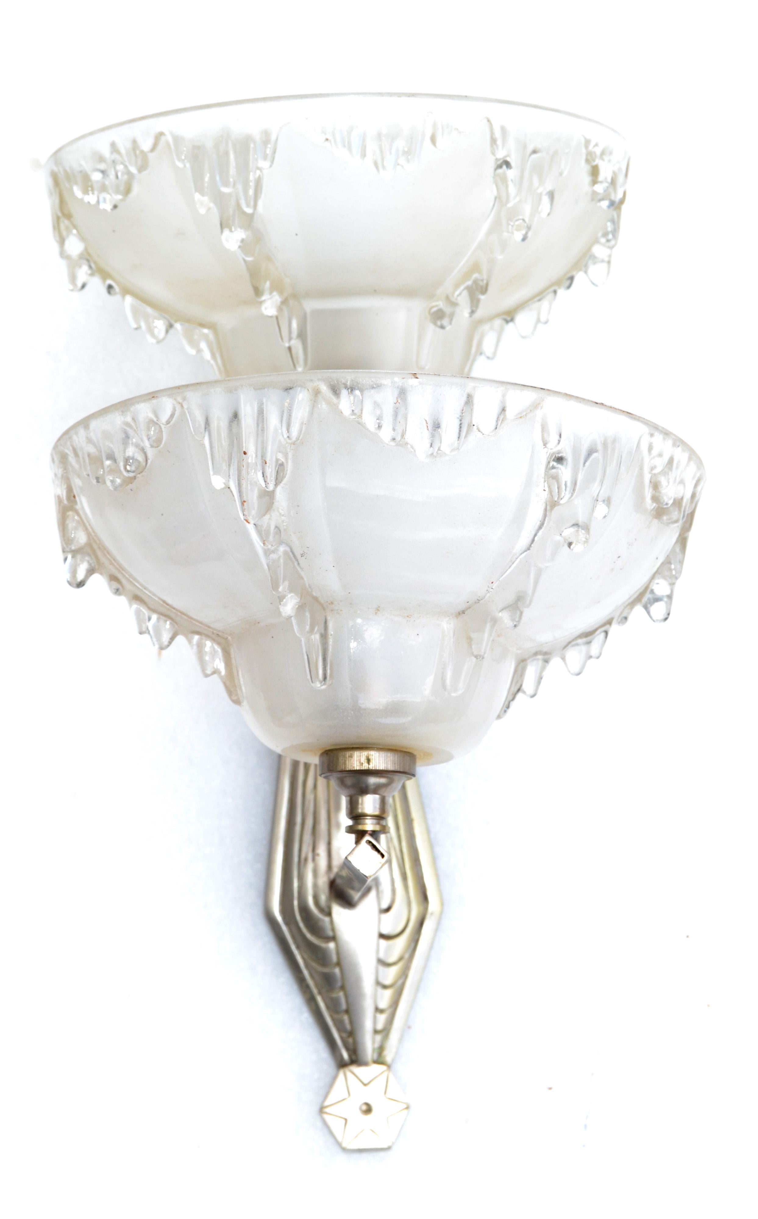 Art Deco Blown Murano Glass & Steel Wall Sconces France Mid-Century Modern, Pair In Good Condition For Sale In Miami, FL