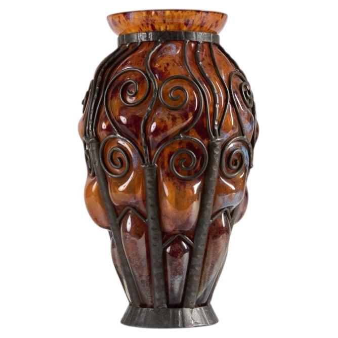 Art Deco Blowout Glass & Wrought Iron Vase in the Manner of Daum, France, C 1925