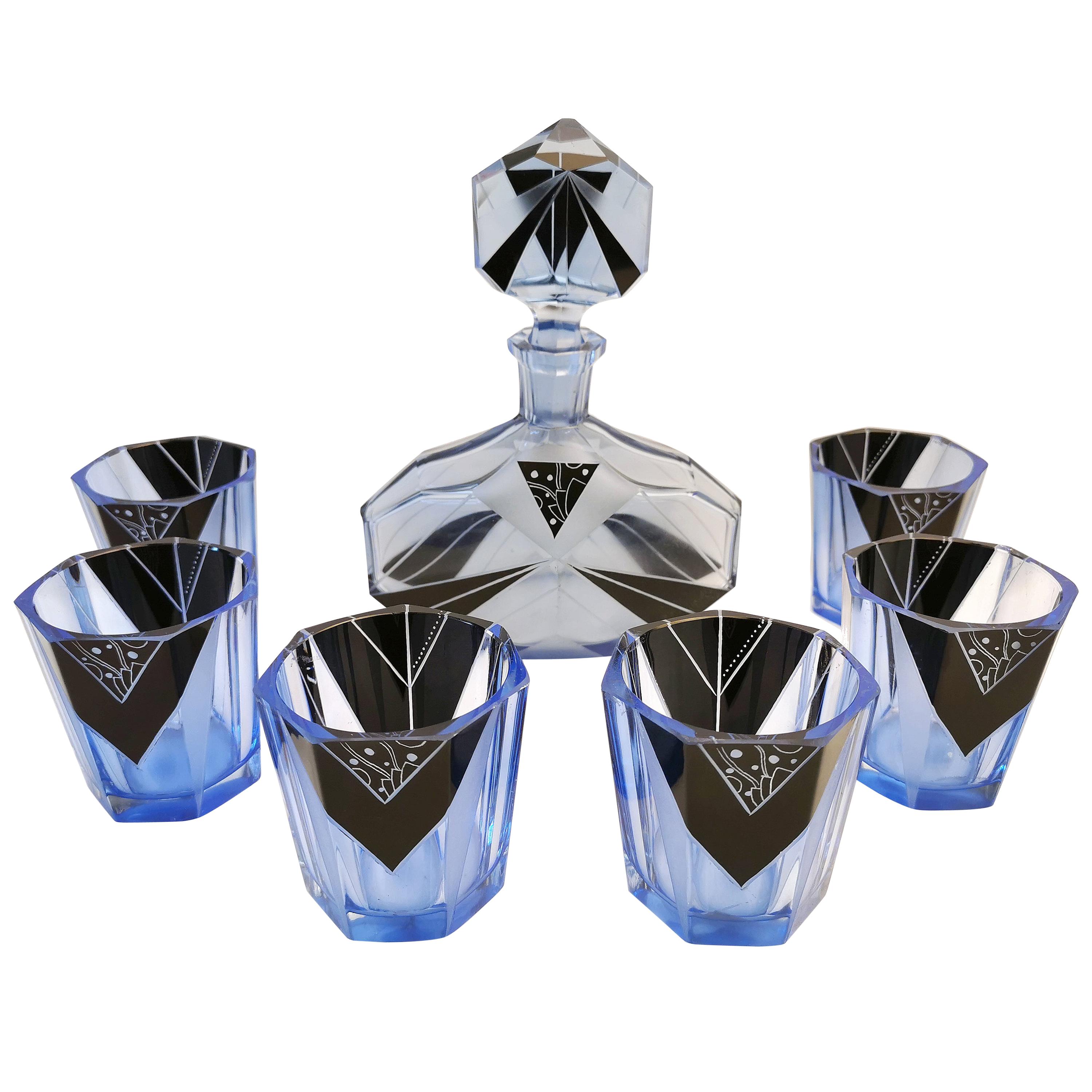 Art Deco Blue and Black Enamel Glass Decanter Set