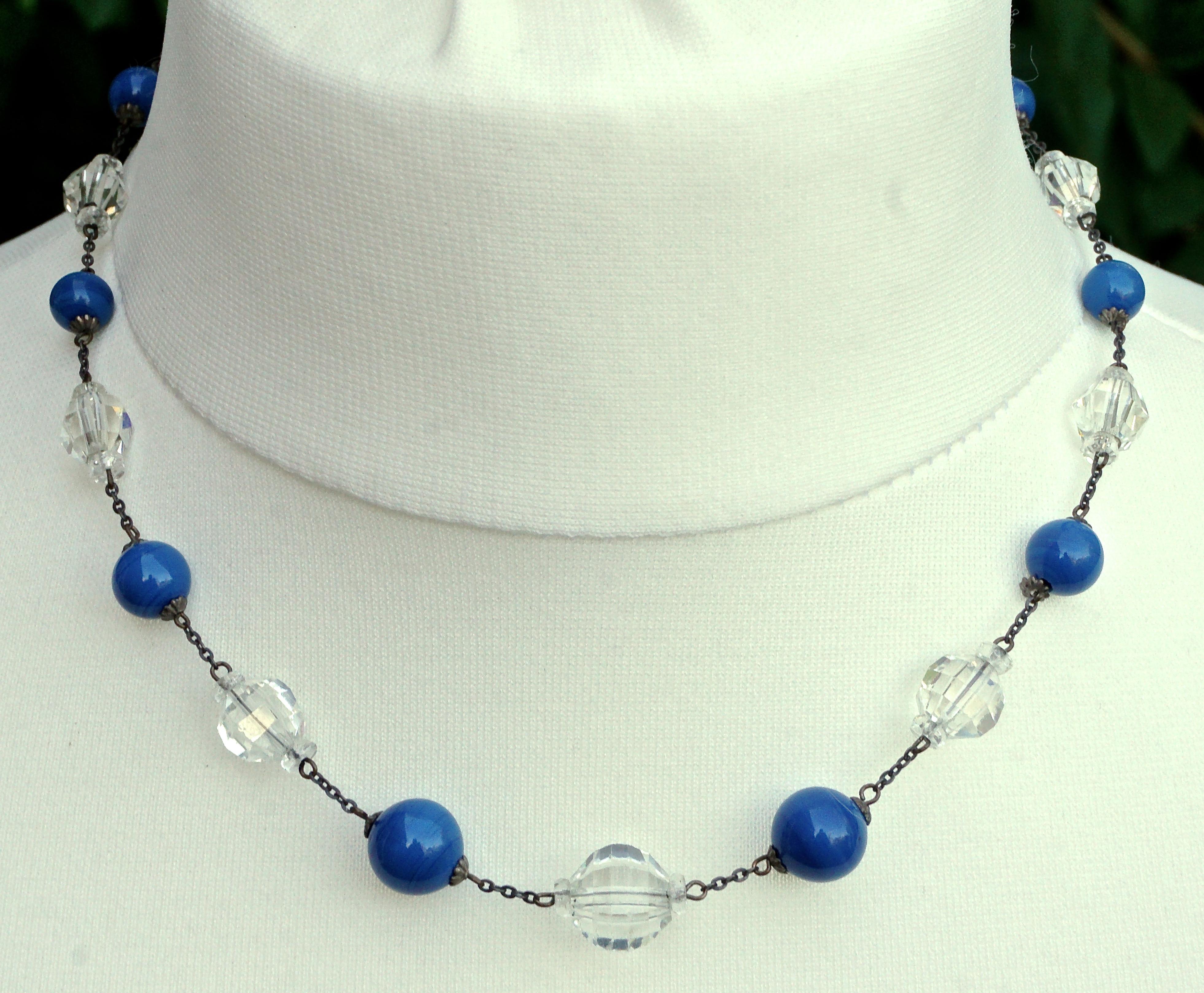 Beautiful Fashion Jewellery Long 34" Silver Chain with Faceted Blue Beads an... 