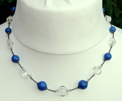 Art Deco Blue and Clear Crystal Bead Necklace