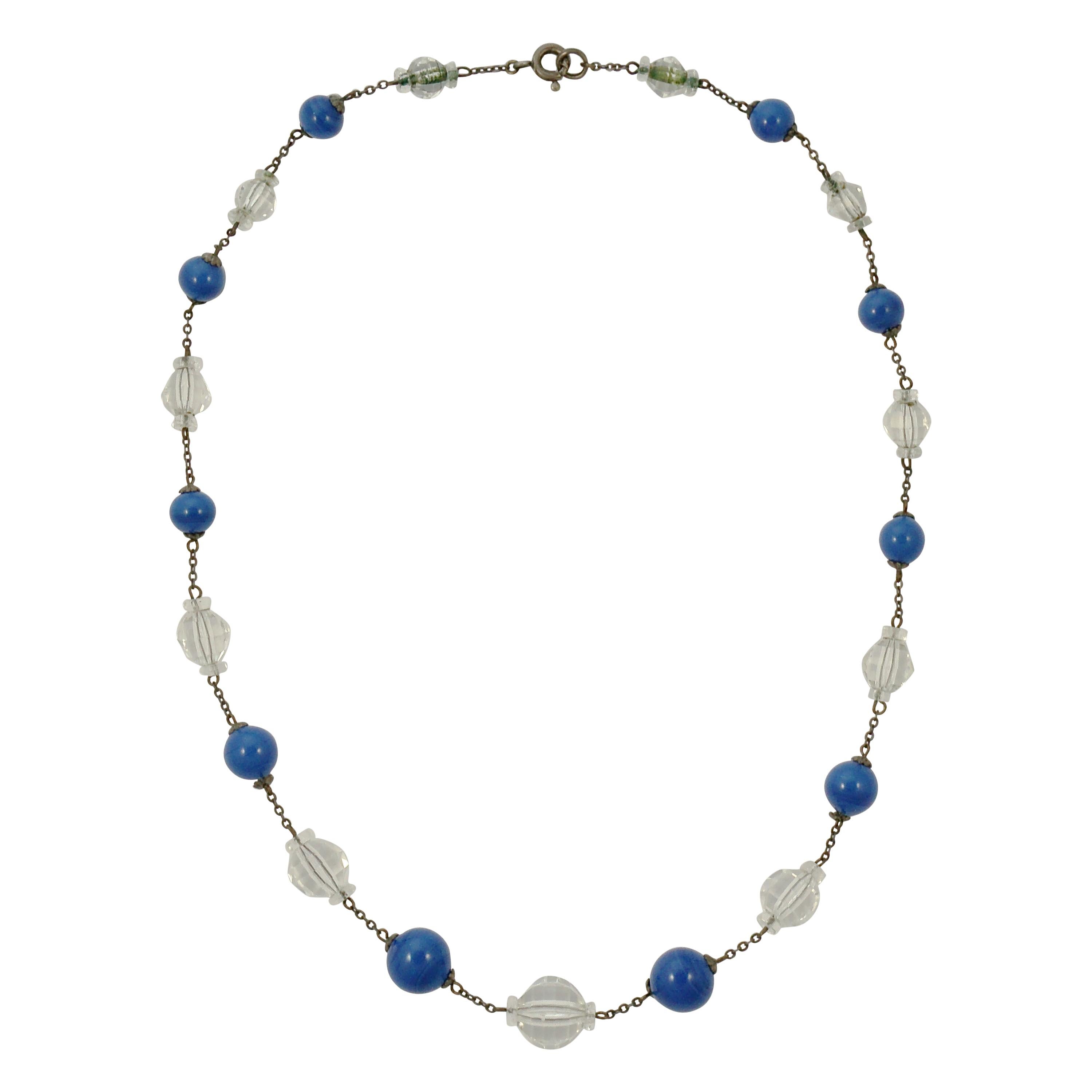 Art Deco Blue and Clear Crystal Bead Necklace For Sale