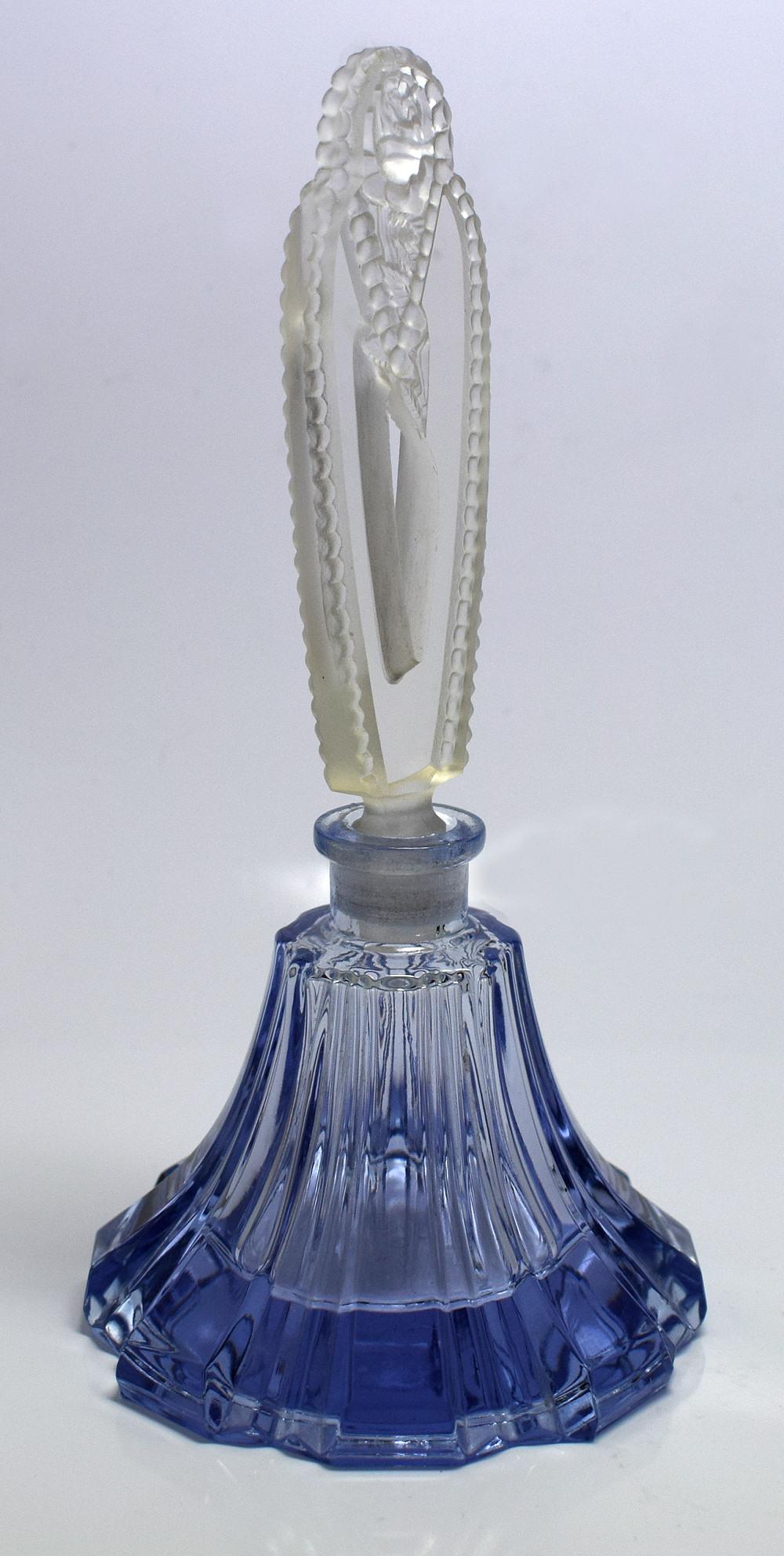 Art Deco Blue And Clear Glass Perfume Bottle In Good Condition For Sale In Devon, England