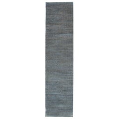 Art Deco Blue and Cream Wool Persian Runner, Hand-Knotted, 3' x 12'