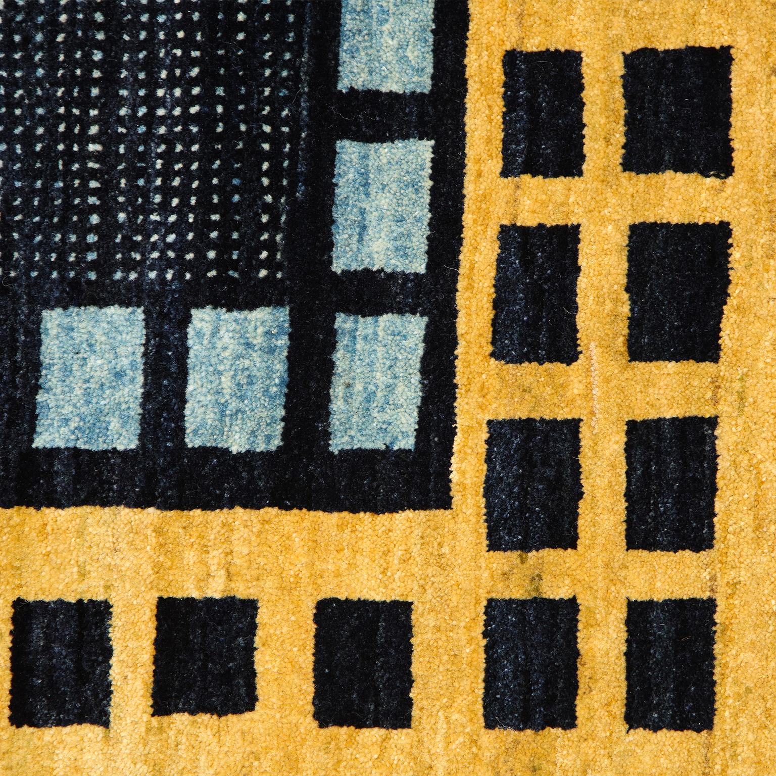 Vegetable Dyed Art Deco Blue and Gold Wool Persian Rug, 4' x 6' For Sale