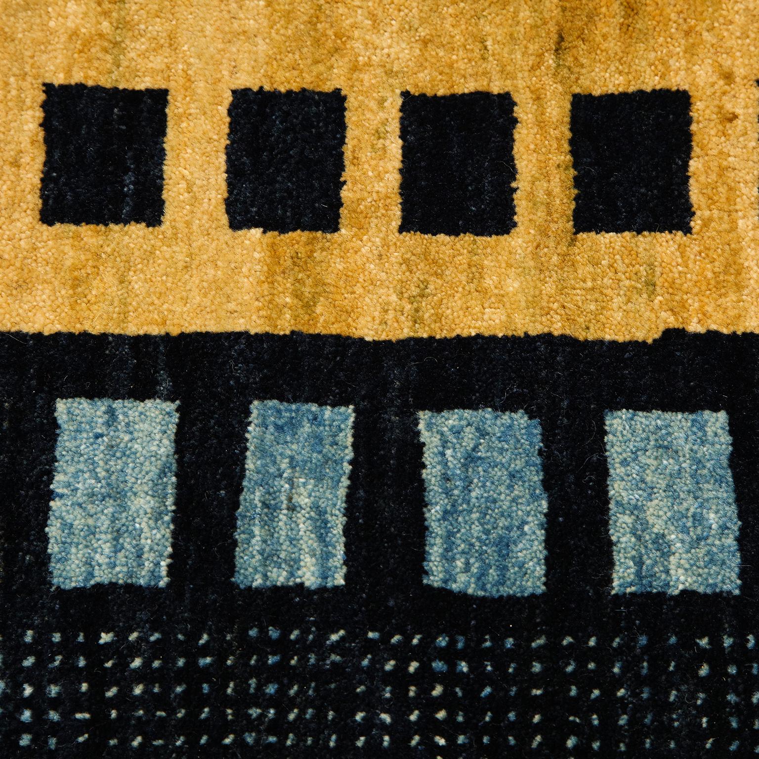 Contemporary Art Deco Blue and Gold Wool Persian Rug, 4' x 6' For Sale