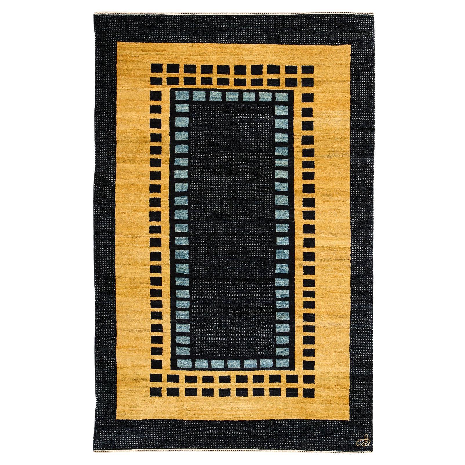 Art Deco Blue and Gold Wool Persian Rug, 4' x 6' For Sale