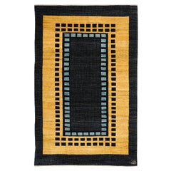 Art Deco Blue and Gold Wool Persian Rug, 4' x 6'