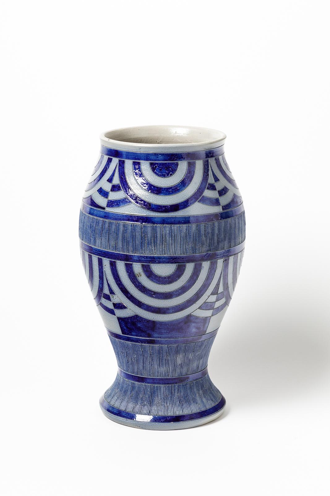 20th Century Art Deco Blue and Grey Abstract Ceramic Vase by Jos Kalb circa 1940 Pottery