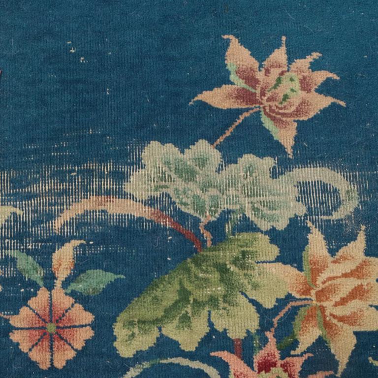 Chinese Art Deco Blue and Pink Floral Motif Chinoiserie Wool Rug After Nichols