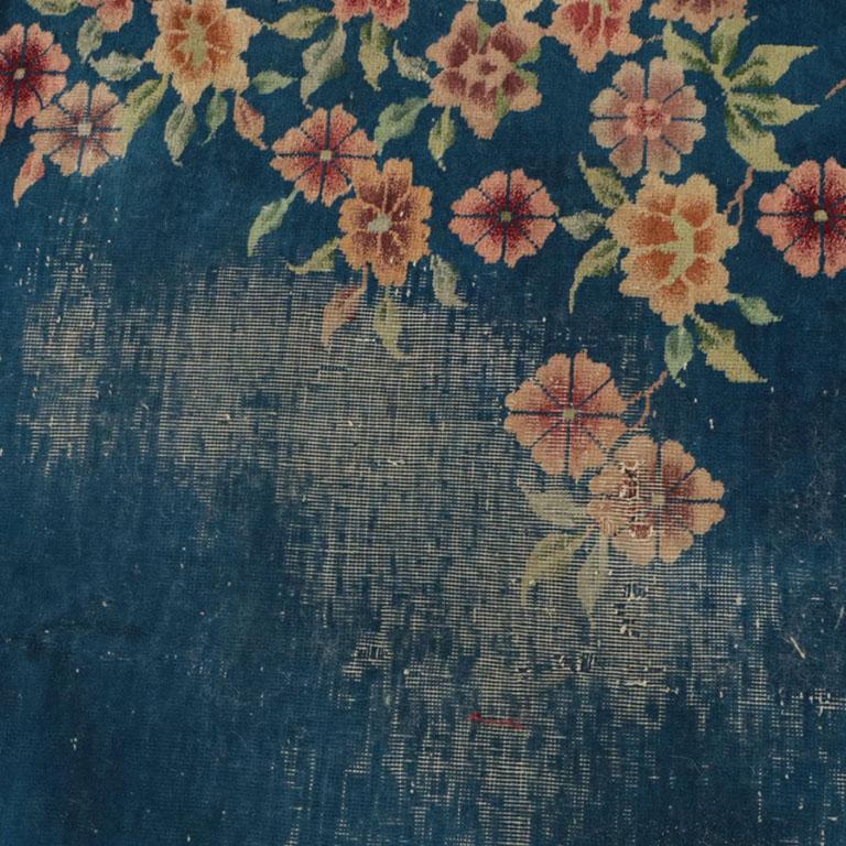 Art Deco Blue and Pink Floral Motif Chinoiserie Wool Rug After Nichols In Good Condition In Oklahoma City, OK
