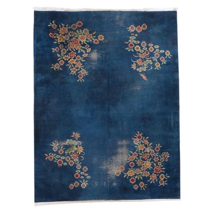 Art Deco Blue and Pink Floral Motif Chinoiserie Wool Rug After Nichols