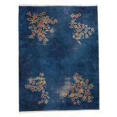 Art Deco Blue and Pink Floral Motif Chinoiserie Wool Rug After Nichols