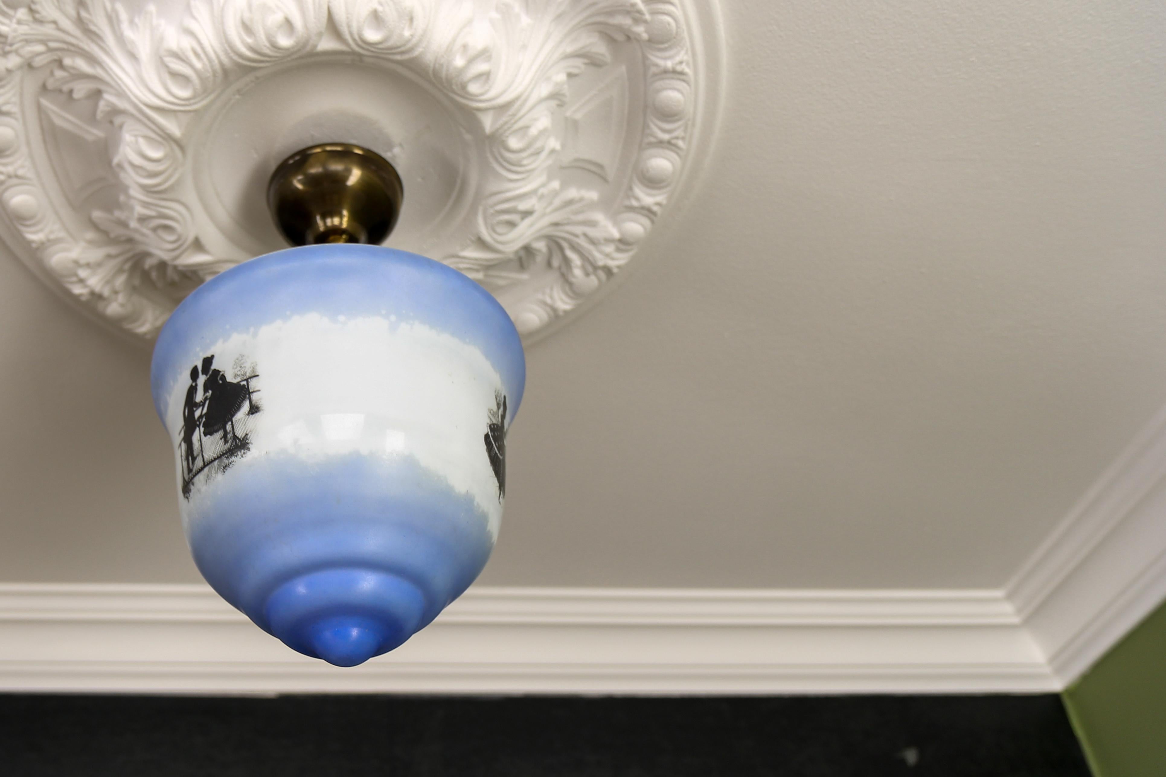 Art Deco Blue and White Glass Pendant Ceiling Light, ca. 1930s For Sale 4