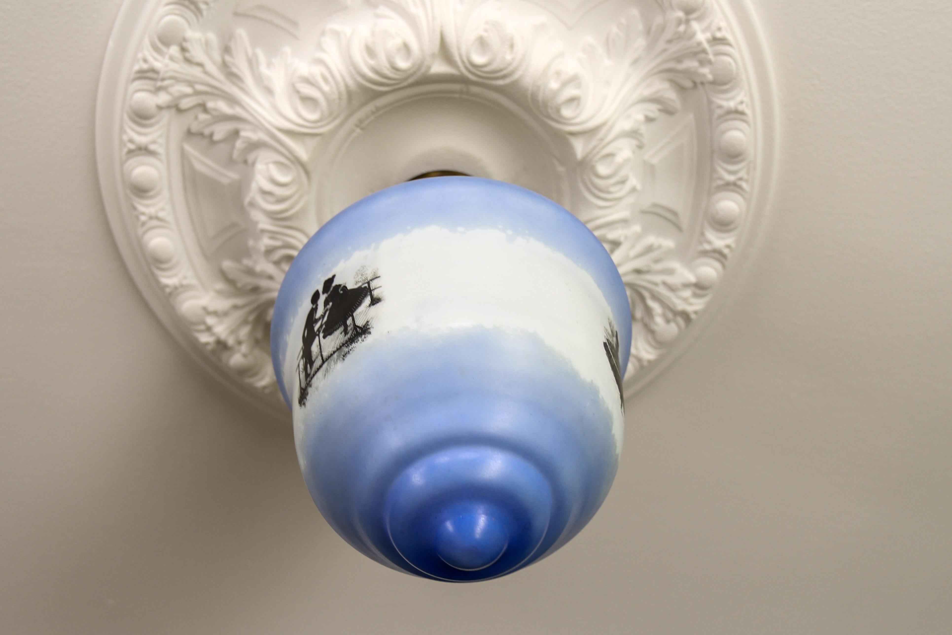 Art Deco Blue and White Glass Pendant Ceiling Light, ca. 1930s For Sale 5