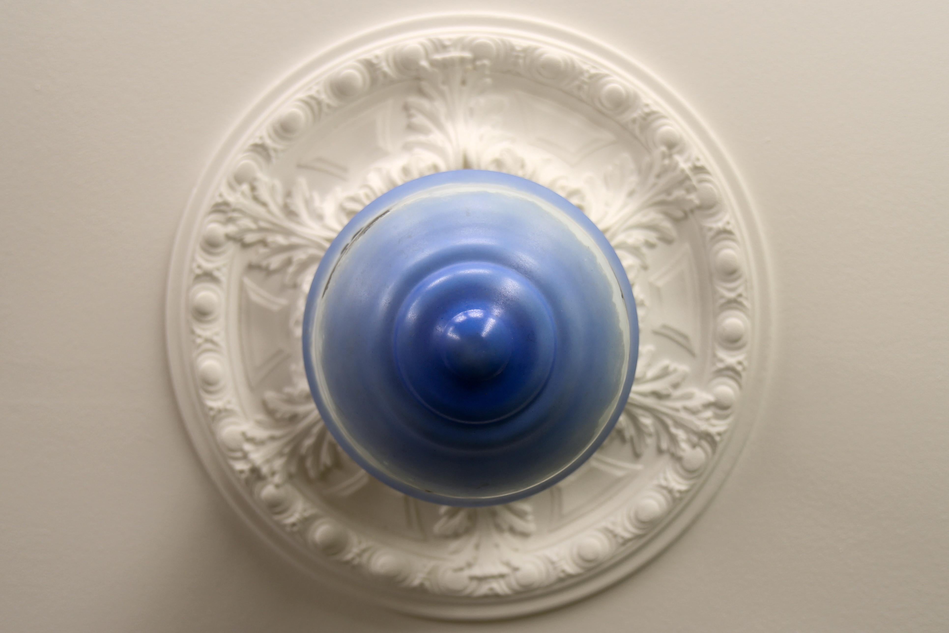 Art Deco Blue and White Glass Pendant Ceiling Light, ca. 1930s For Sale 6