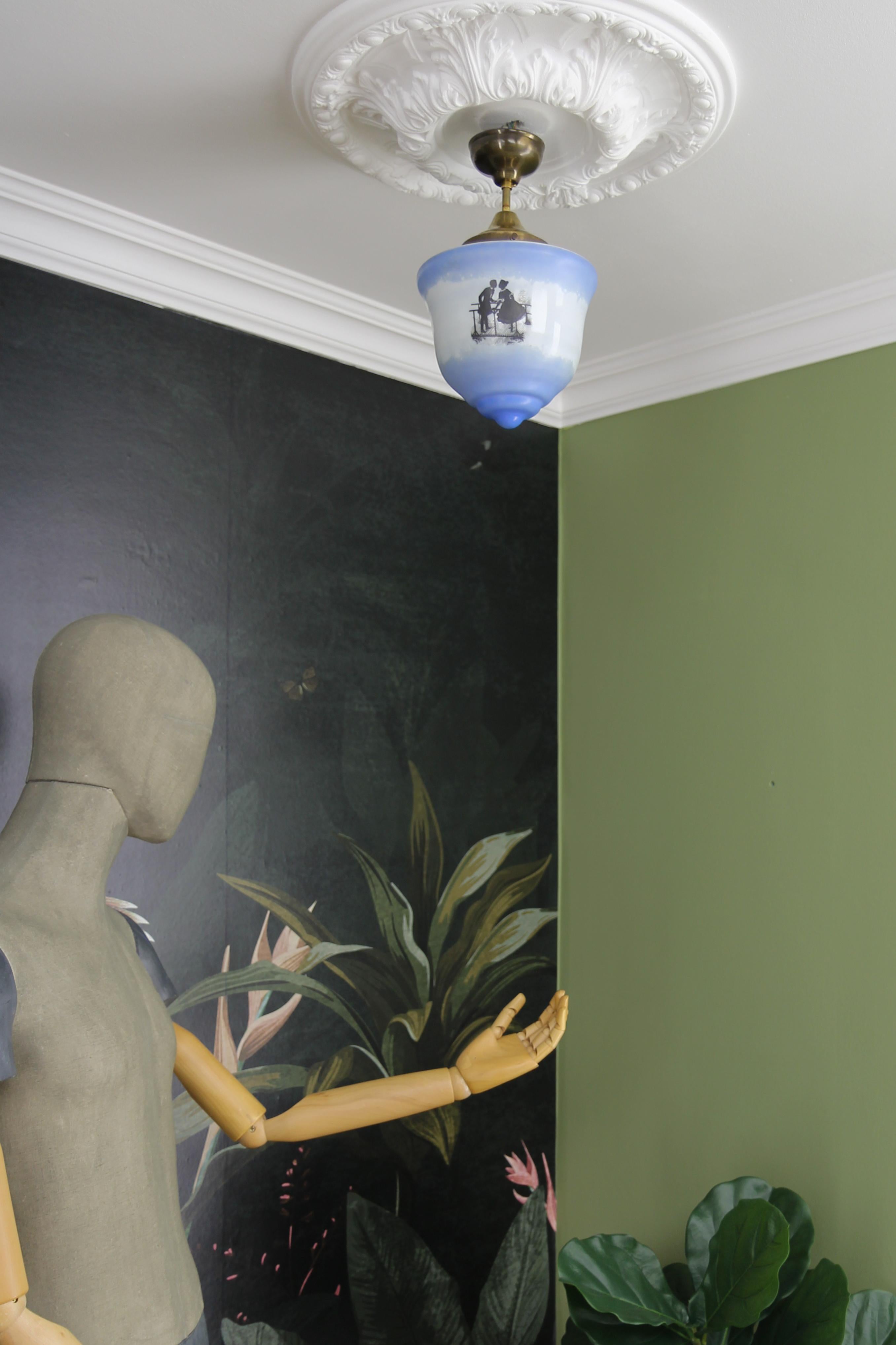 Art Deco Blue and White Glass Pendant Ceiling Light, ca. 1930s For Sale 8