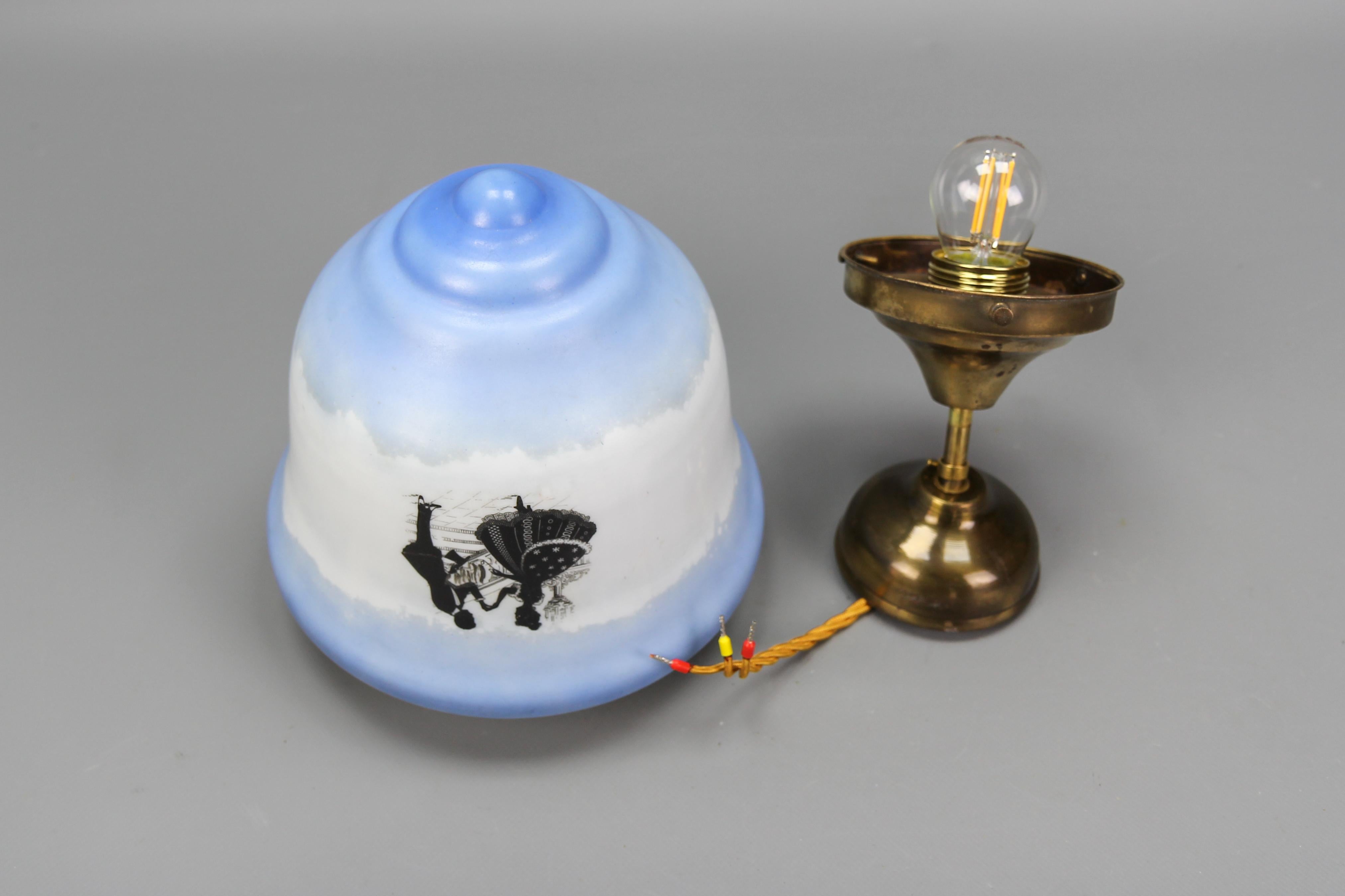 Art Deco Blue and White Glass Pendant Ceiling Light, ca. 1930s For Sale 13