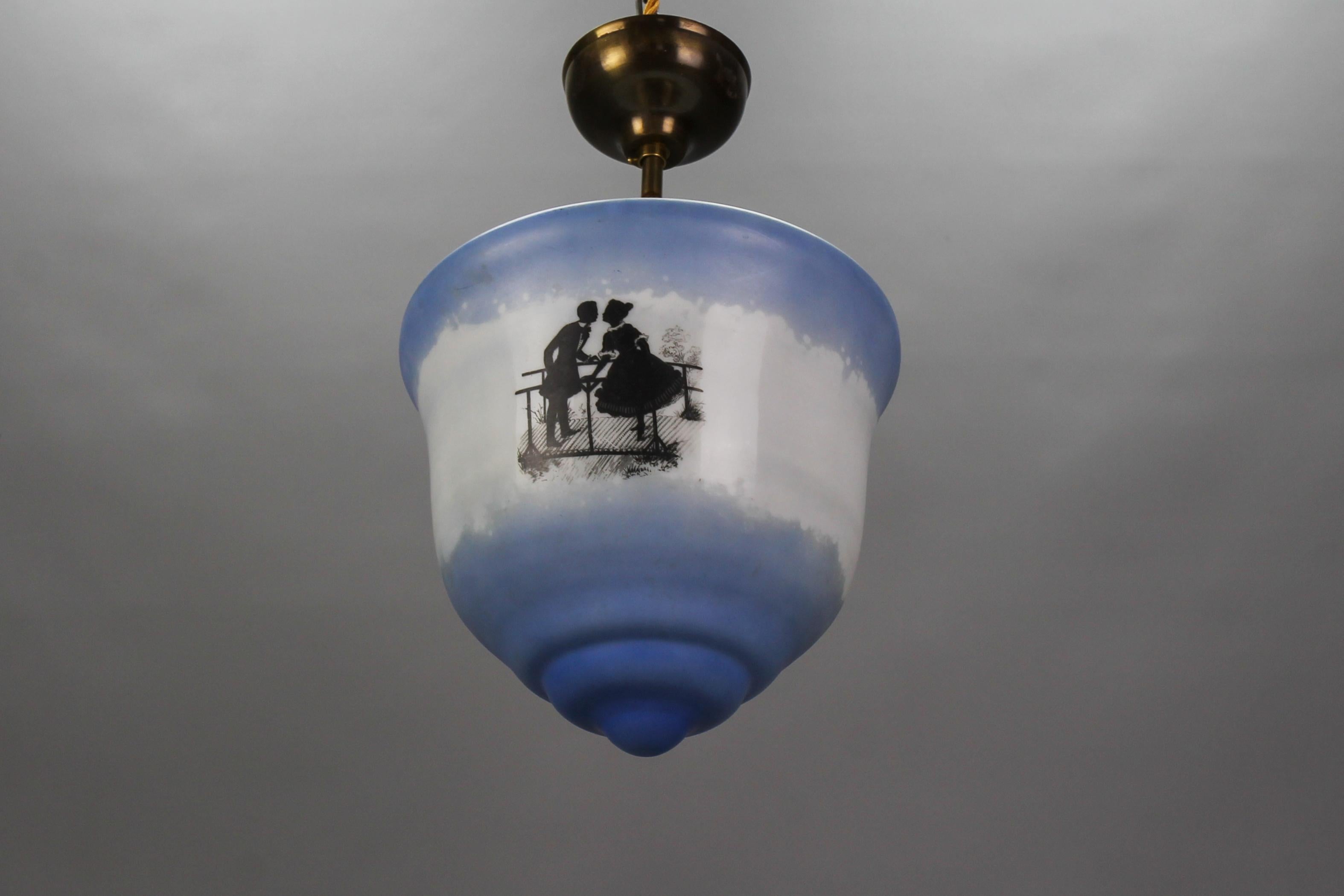 German Art Deco Blue and White Glass Pendant Ceiling Light, ca. 1930s For Sale