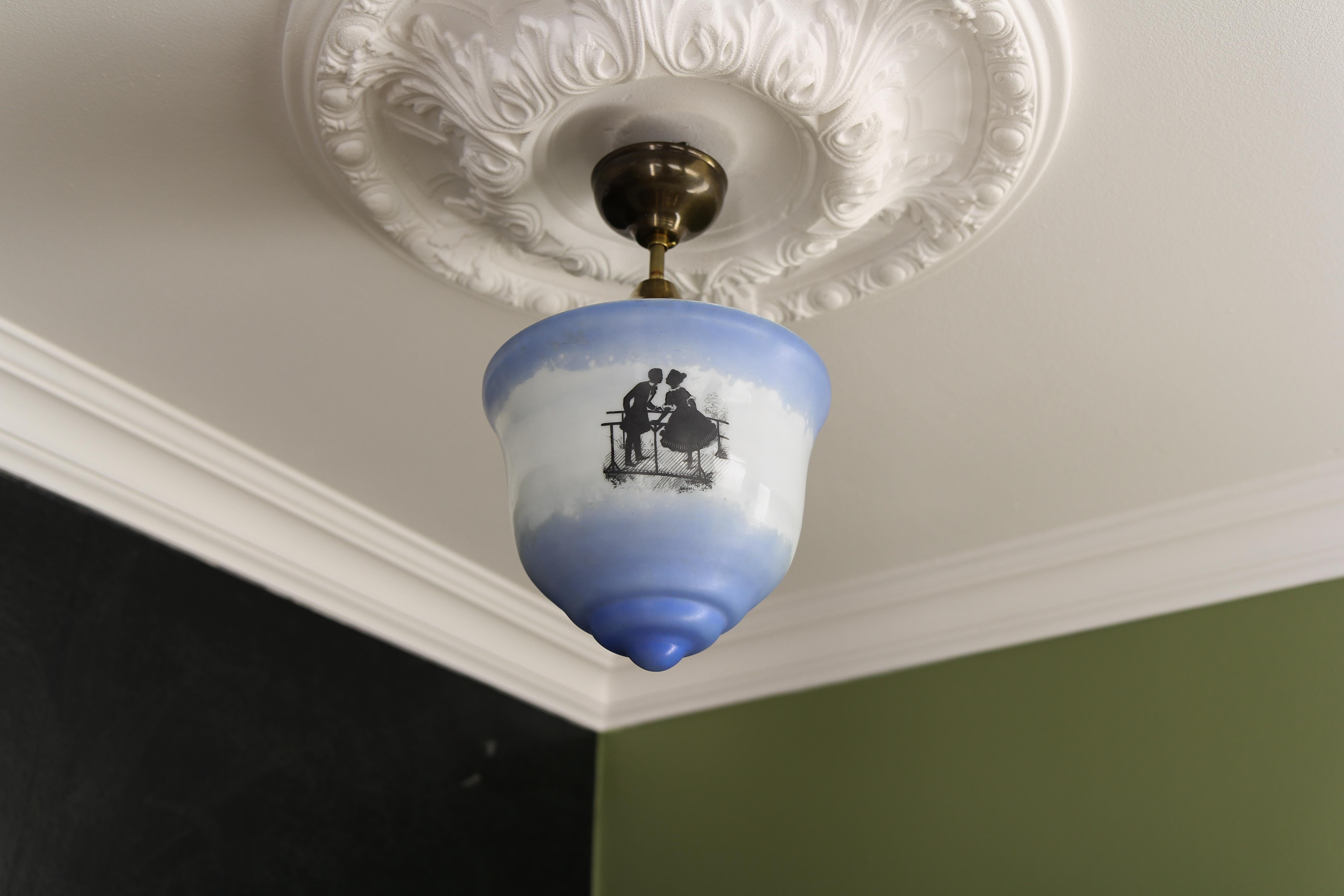 Art Deco Blue and White Glass Pendant Ceiling Light, ca. 1930s In Good Condition For Sale In Barntrup, DE