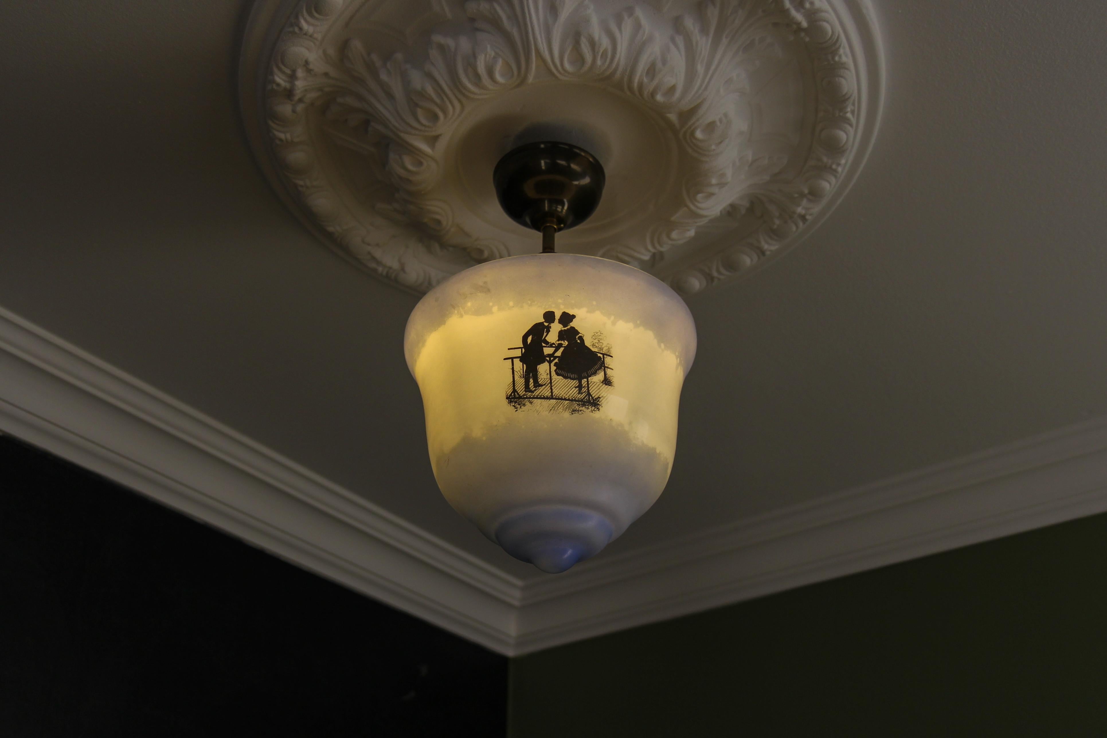 Mid-20th Century Art Deco Blue and White Glass Pendant Ceiling Light, ca. 1930s For Sale