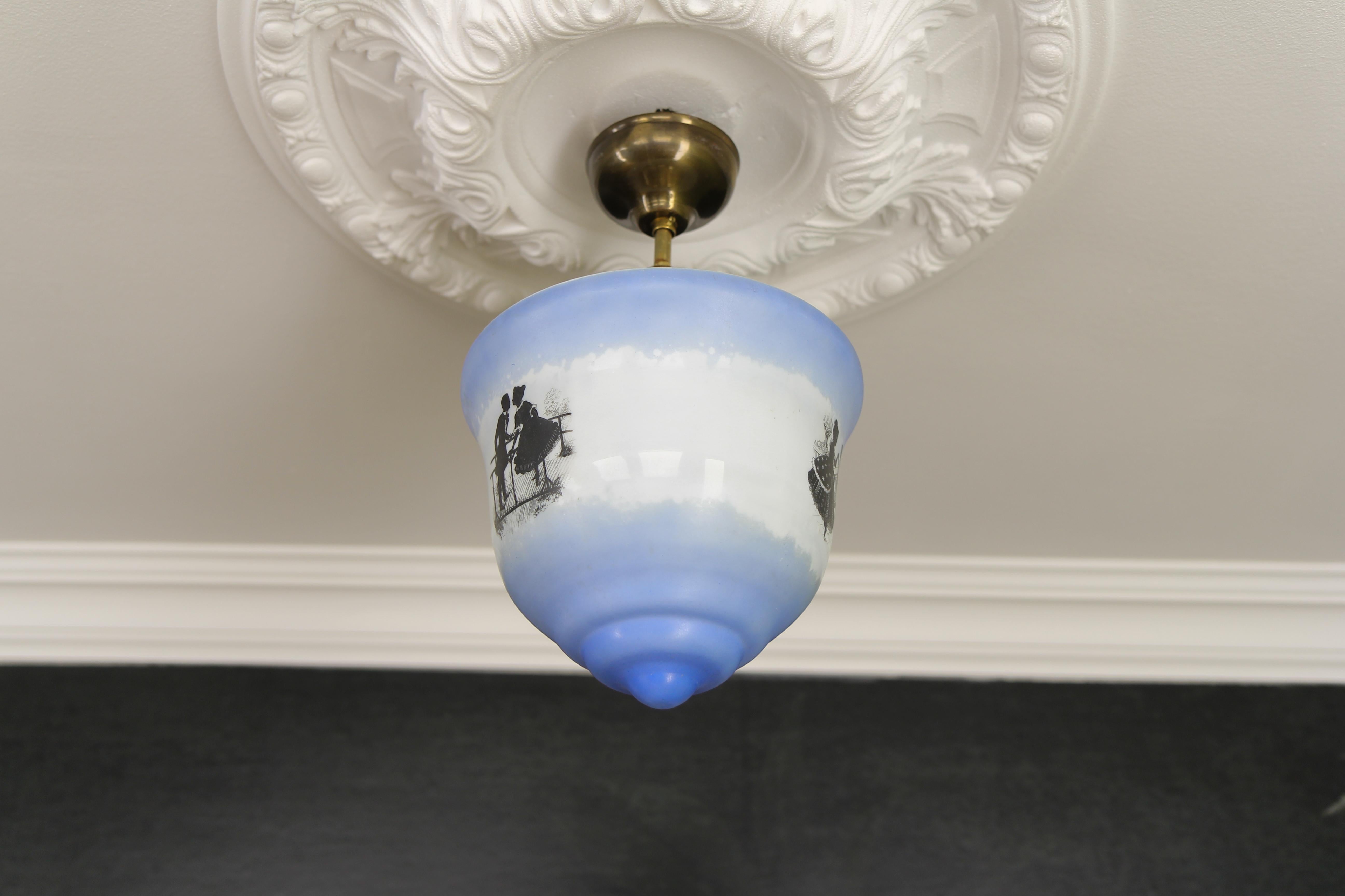 Art Deco Blue and White Glass Pendant Ceiling Light, ca. 1930s For Sale 3