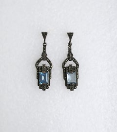 Art Deco Blue Aquamarine Sterling Silver Drop Earrings