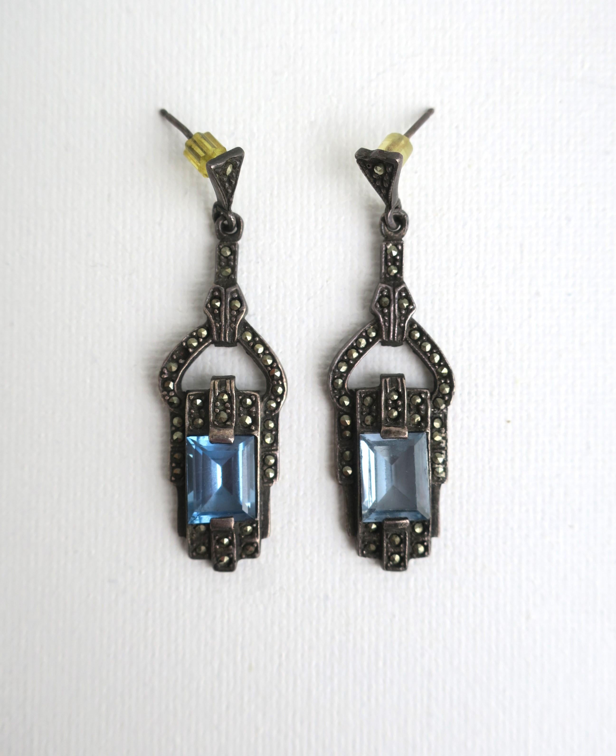 Emerald Cut Art Deco Blue Aquamarine Sterling Silver Drop Earrings For Sale