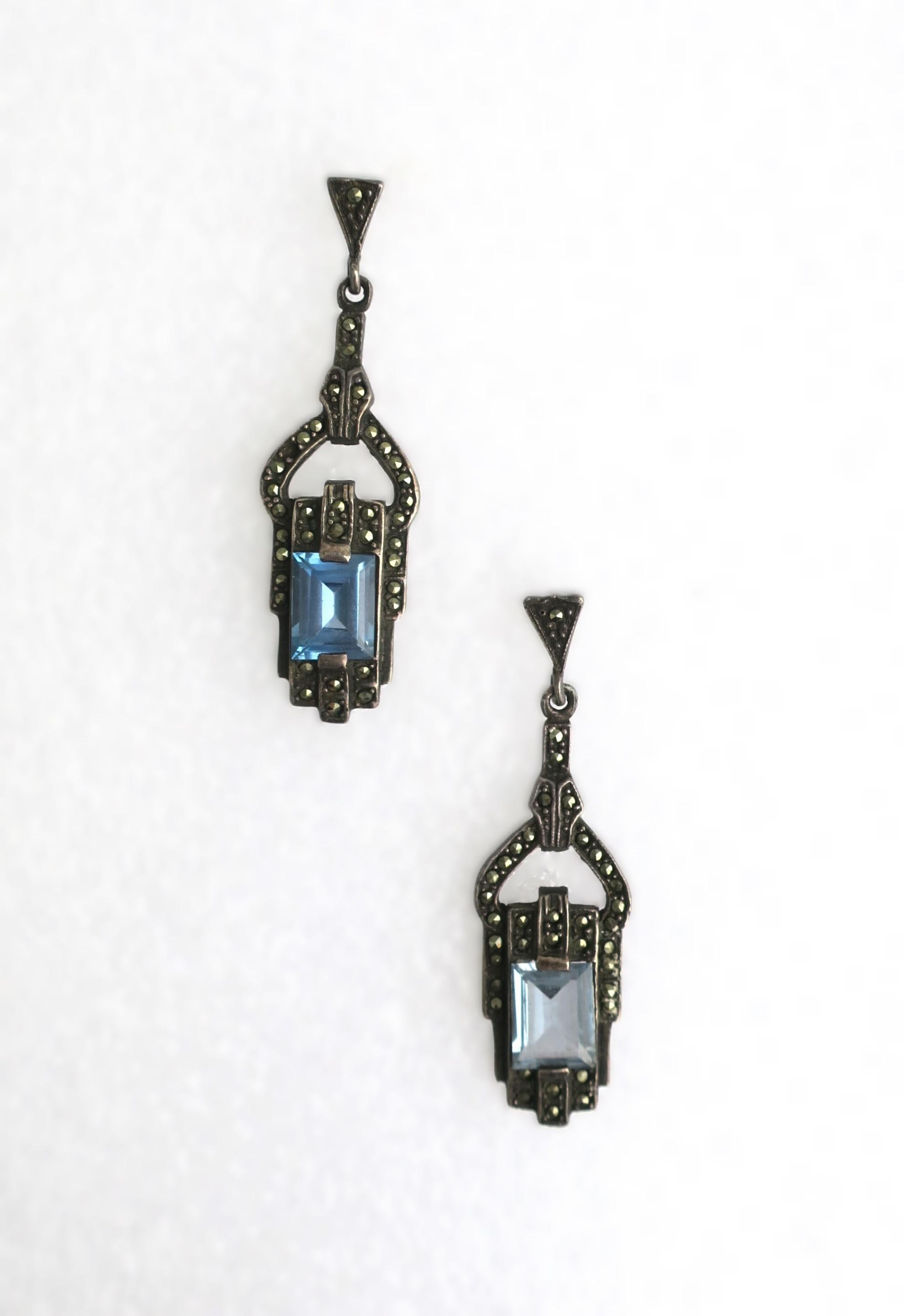 Art Deco Blue Aquamarine Sterling Silver Drop Earrings For Sale 1
