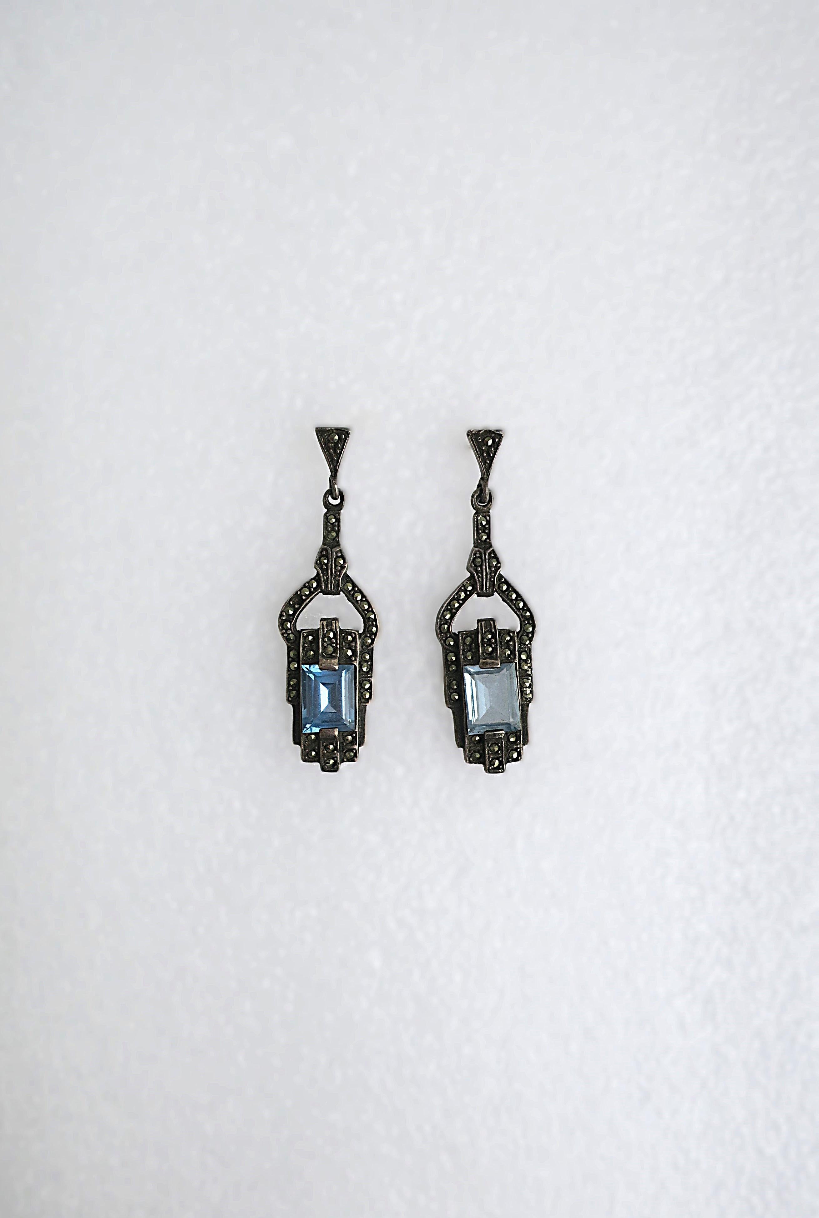 Art Deco Blue Aquamarine Sterling Silver Drop Earrings For Sale 2